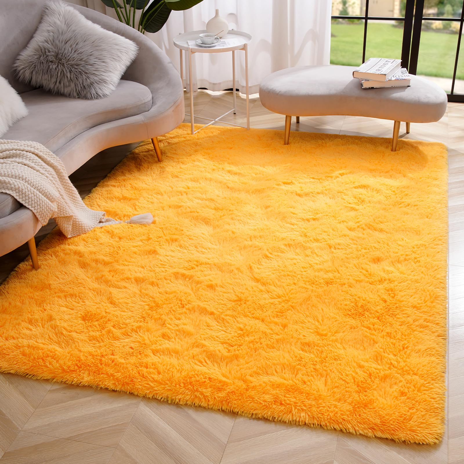 Amearea Yellow 6×9ft Soft Shag Rug, Non-slip Fluffy Carpet for Bedroom, Living Room & Nursery
