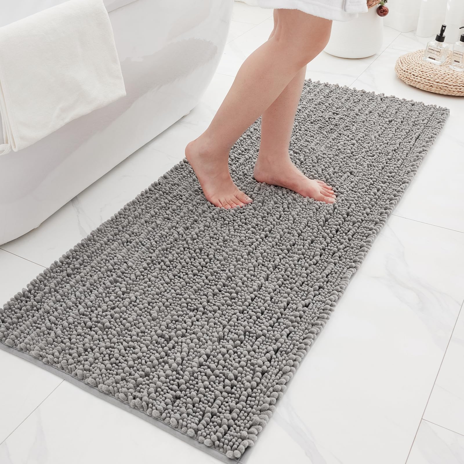 Bathroom Rugs Non Slip Washable 70x24, Extra Thick Soft Chenille Absorbent Bath Mat, High Density Barrier Non Slip Backing, Quick Dry Plush Shaggy Floor Carpet for Tub&Shower, White
