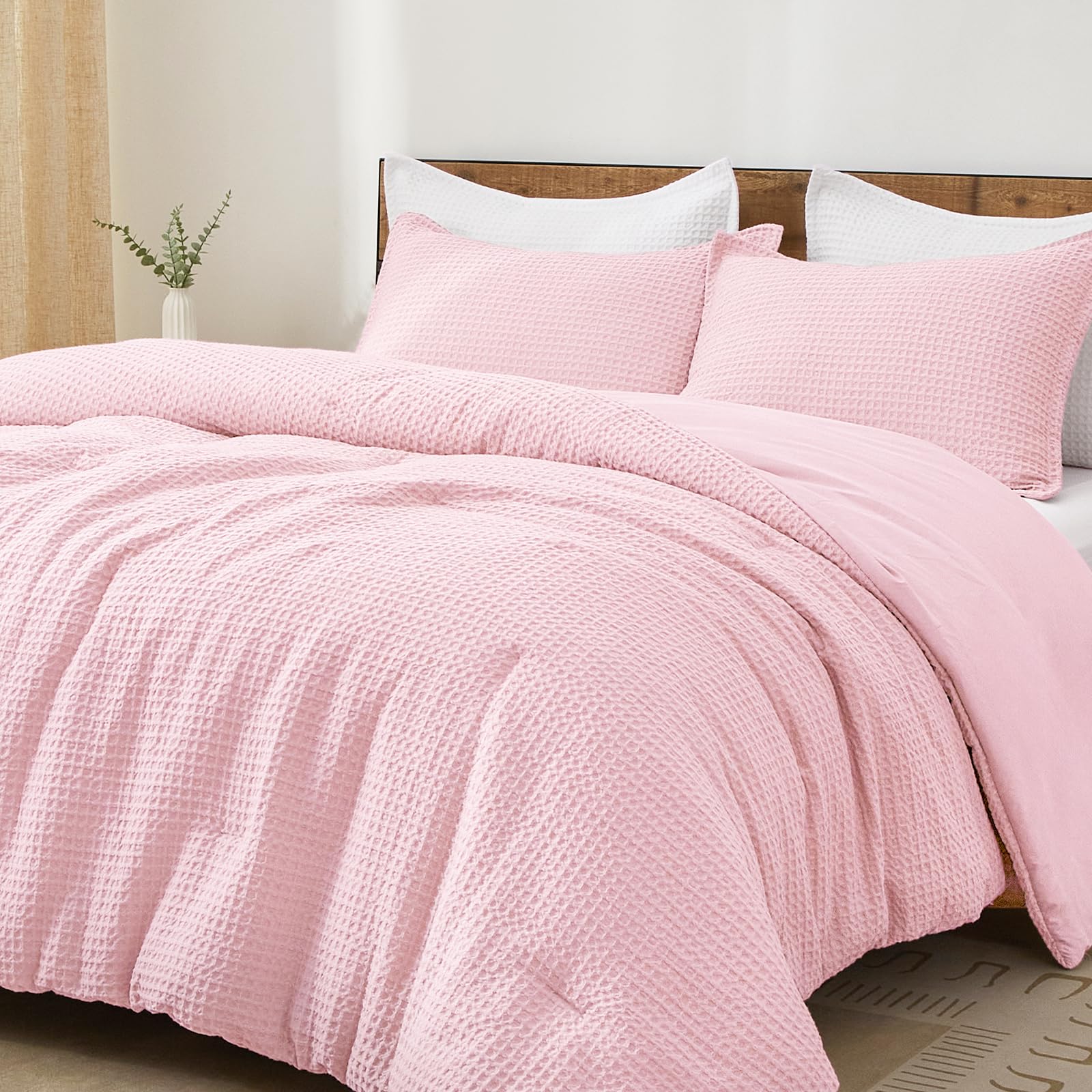 PHF Ultra Soft Waffle Weave Comforter Set Queen Size, 3 Pieces Lightweight Breathable Comfy Bedding Set, Comfy Textured 1 Comforter with 2 Pillow Shams, Linen