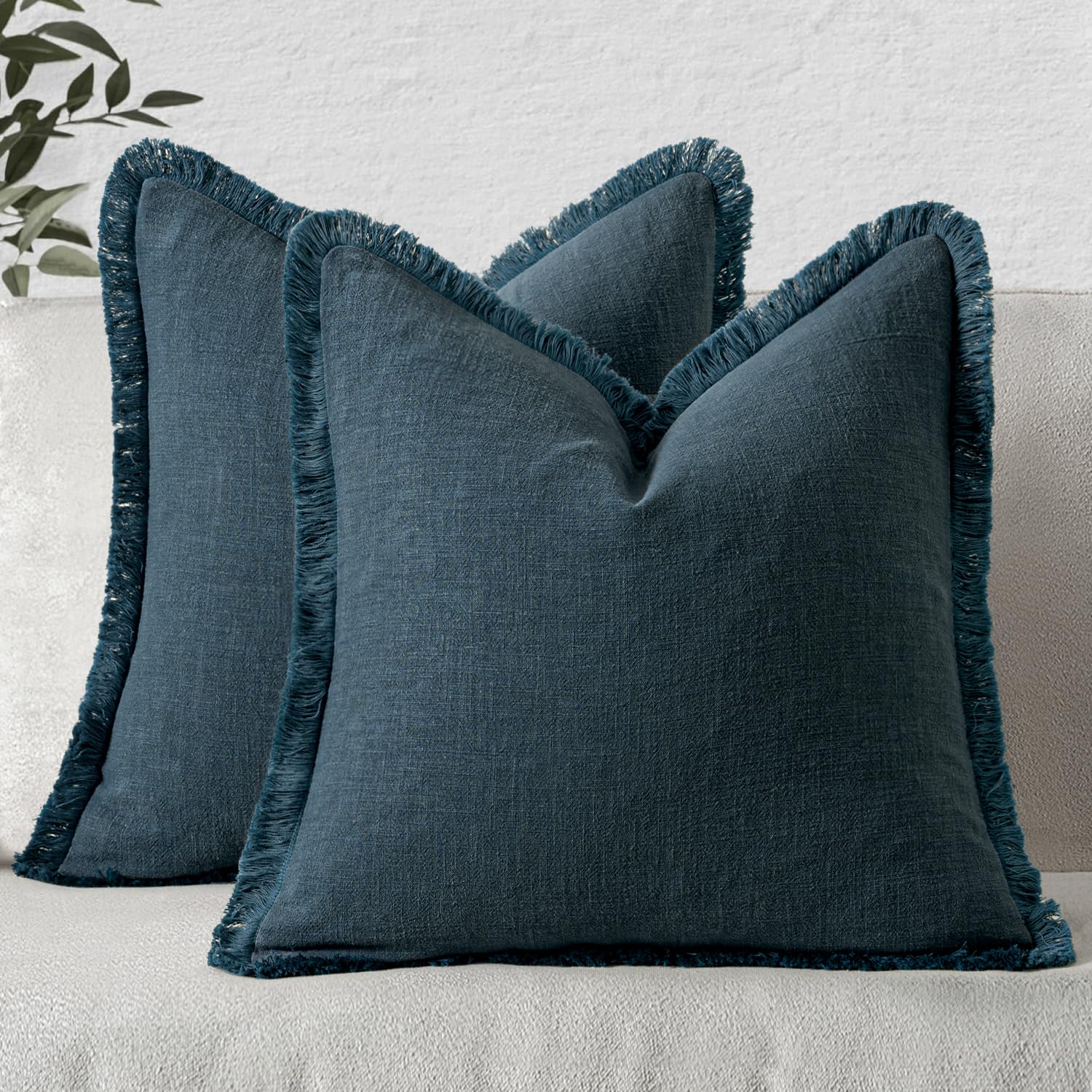 MIULEE Decorative Throw Pillow Covers Neutral Linen Fringe Throw Pillows Set of 2 Natural Linen Boho Farmhouse Cushion Covers with Tassels for Couch Sofa Bed Spring Home Decor 28x28 Inch
