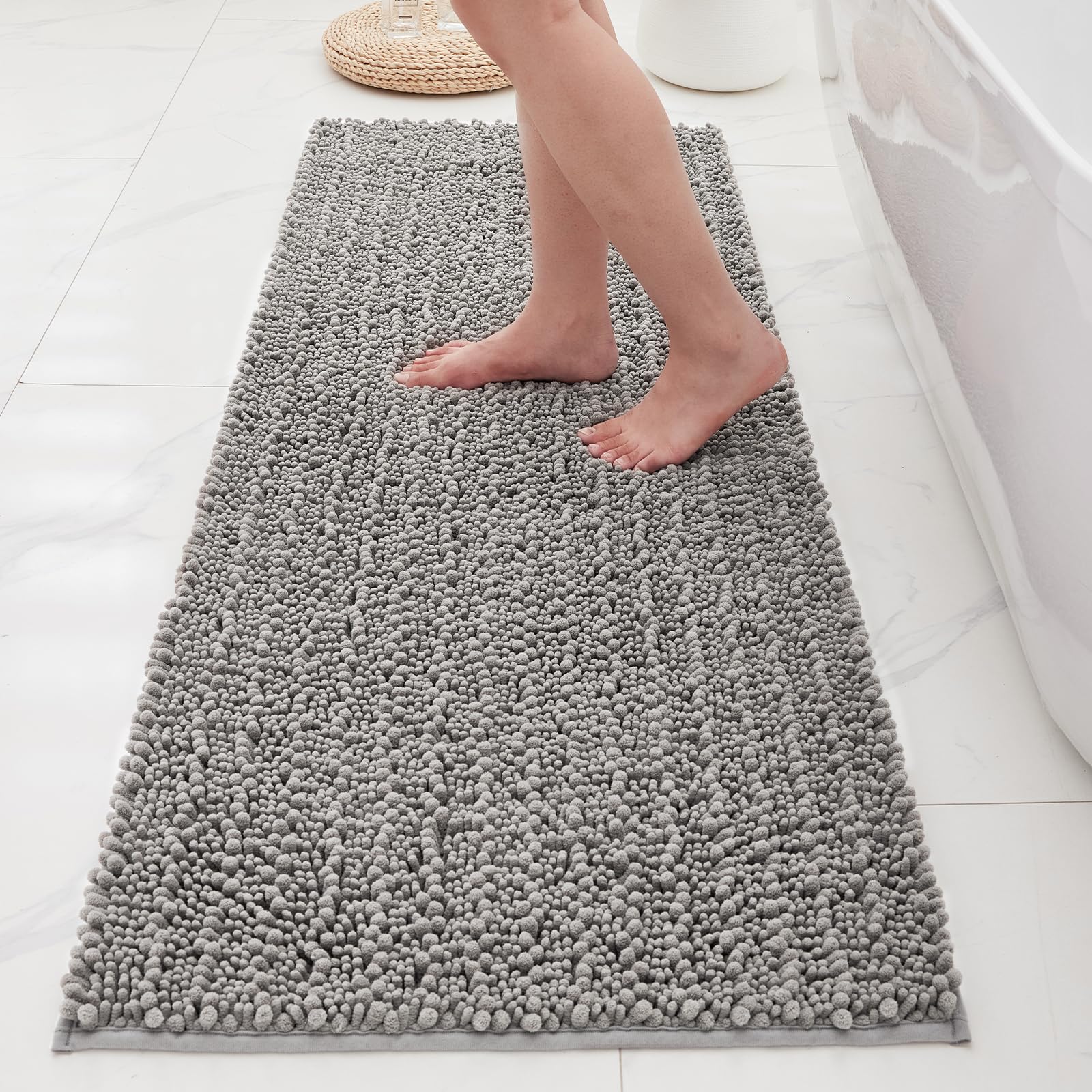 Bathroom Rugs Non Slip Washable 70x24, Extra Thick Soft Chenille Absorbent Bath Mat, High Density Barrier Non Slip Backing, Quick Dry Plush Shaggy Floor Carpet for Tub&Shower, White