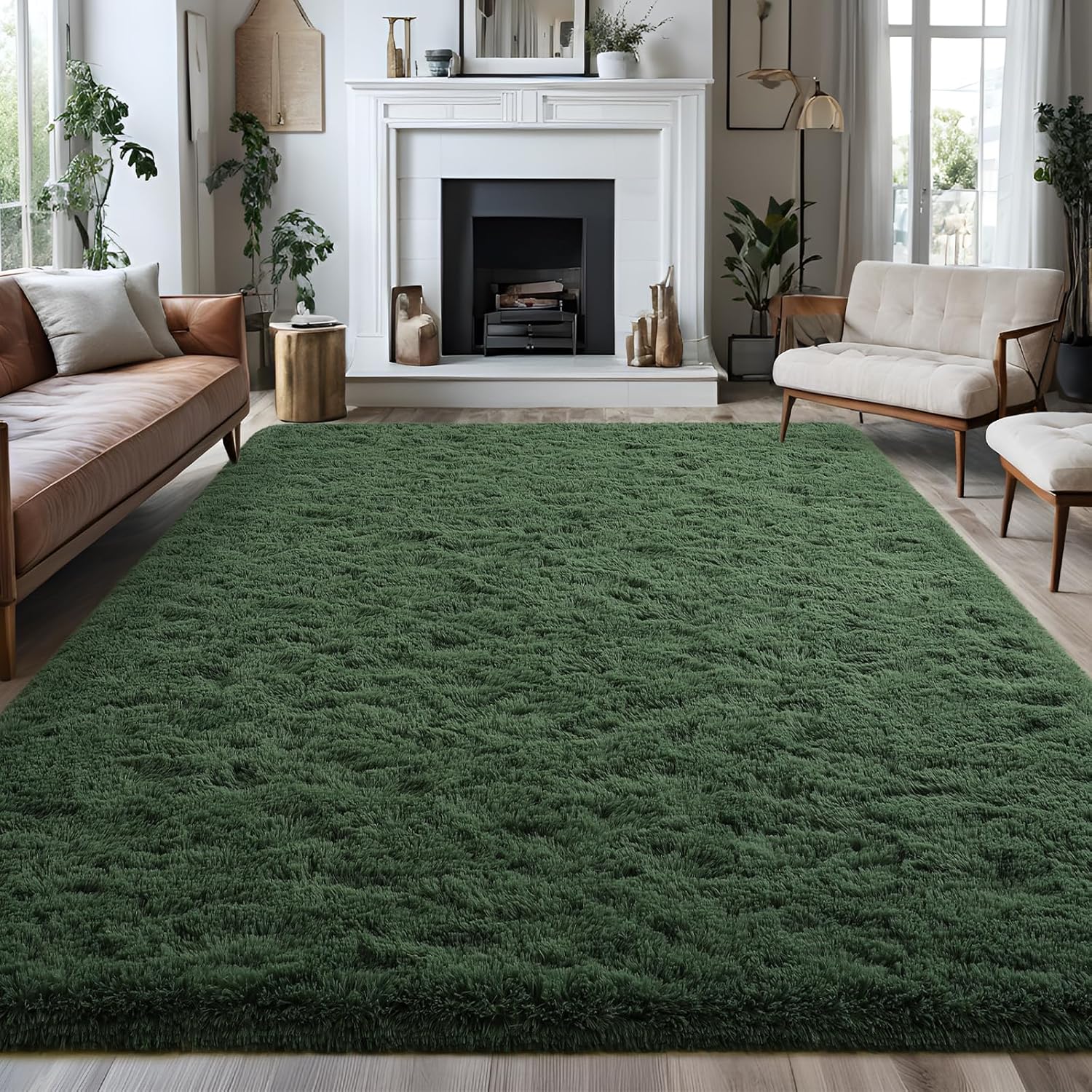 Fluffy Dark Green 6x9 Area Rugs for Living Room, Extra Large Rug for Bedroom Decor, Big Shaggy Floor Carpet, Soft Plush Thick Non-Slip Rectangle Carpets for Home Decor