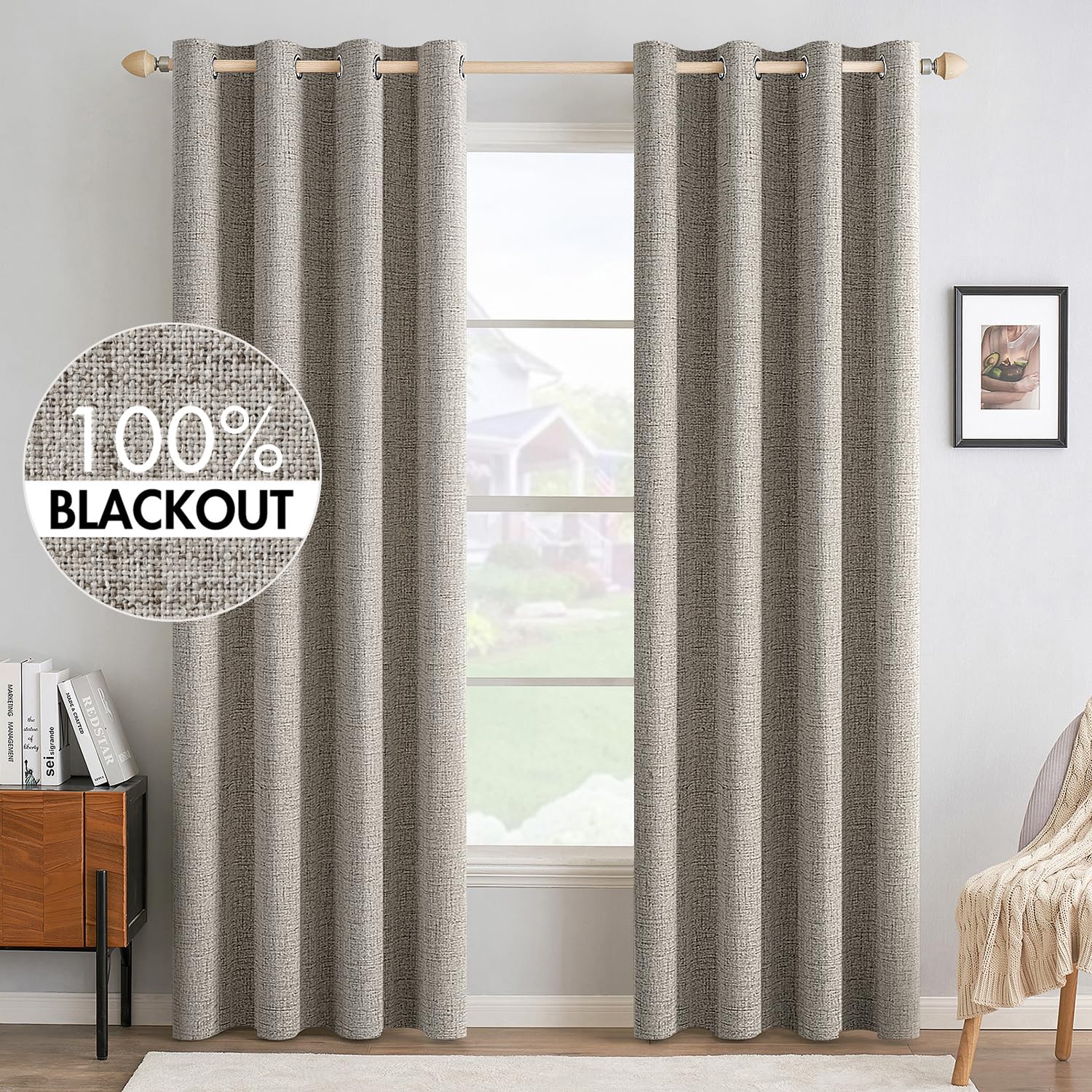 MIULEE 100% Blackout Linen Curtains for Bedroom Thermal Insulated Birch Grommet Room Darkening Curtains & Drapes for Living Room Nursery 52 x 96 Inch (2 Panels)