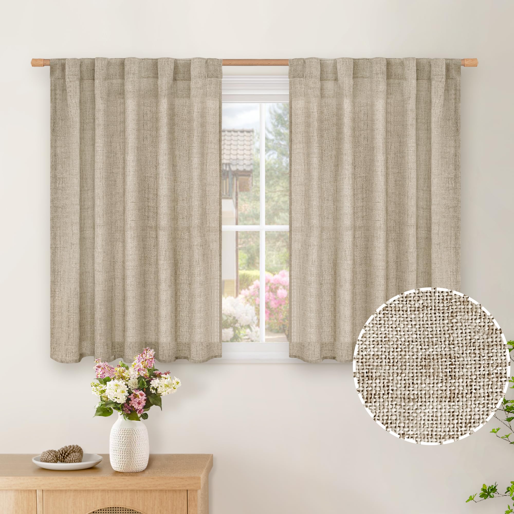 BGment Long 102 Inch Length Linen Curtains for Living Room, Natural Rod Pocket Textured Burlap Drapes Rustic Country Light Filtering for Bedroom Semi Sheer Back Tab, 2 Panel, 52 Inch Wide Each Panel