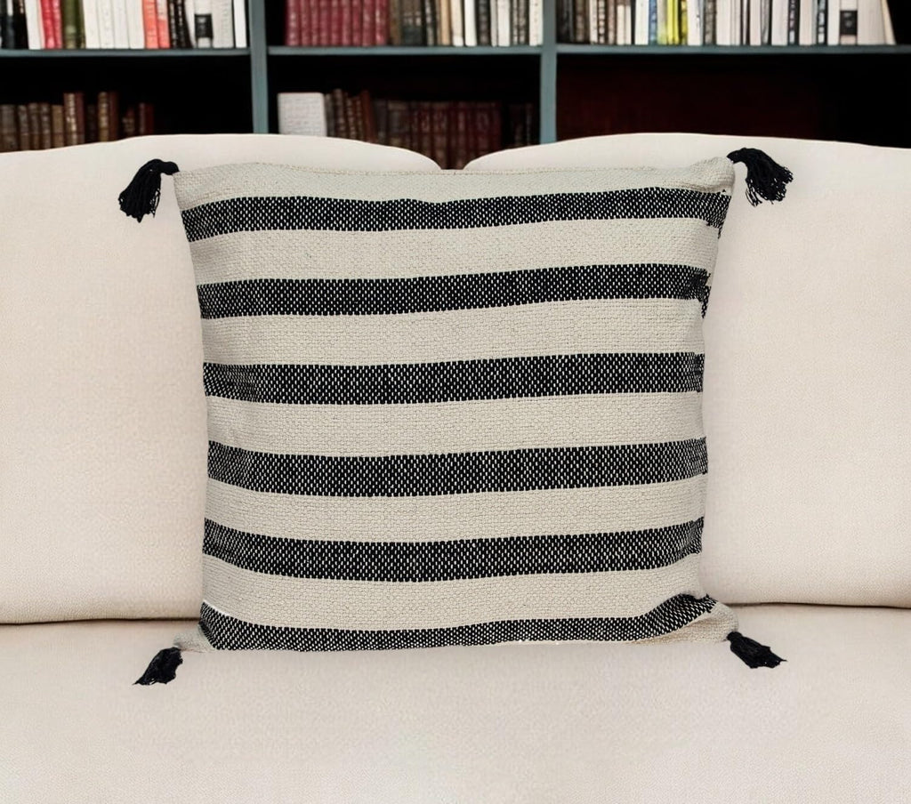 HomeRoots 24" Beige and Black Striped Cotton Throw Pillow with Tassels