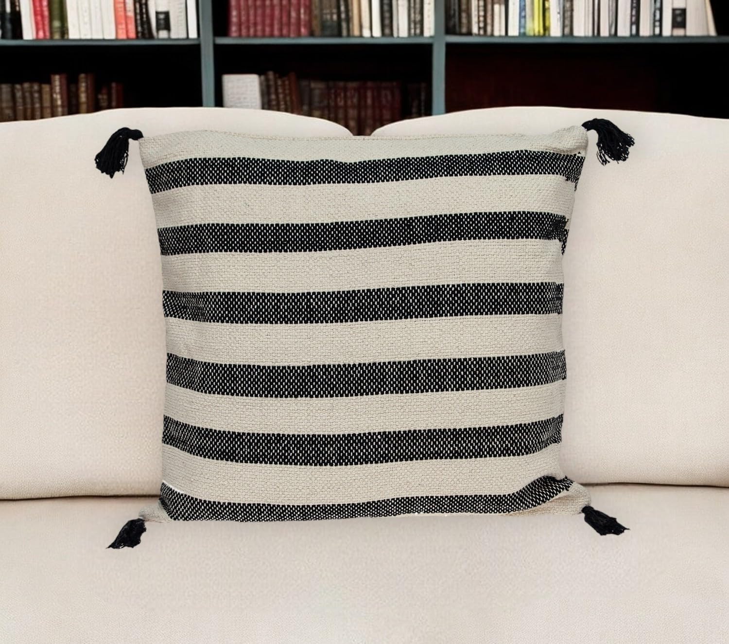 HomeRoots 24" Beige and Black Striped Cotton Throw Pillow with Tassels