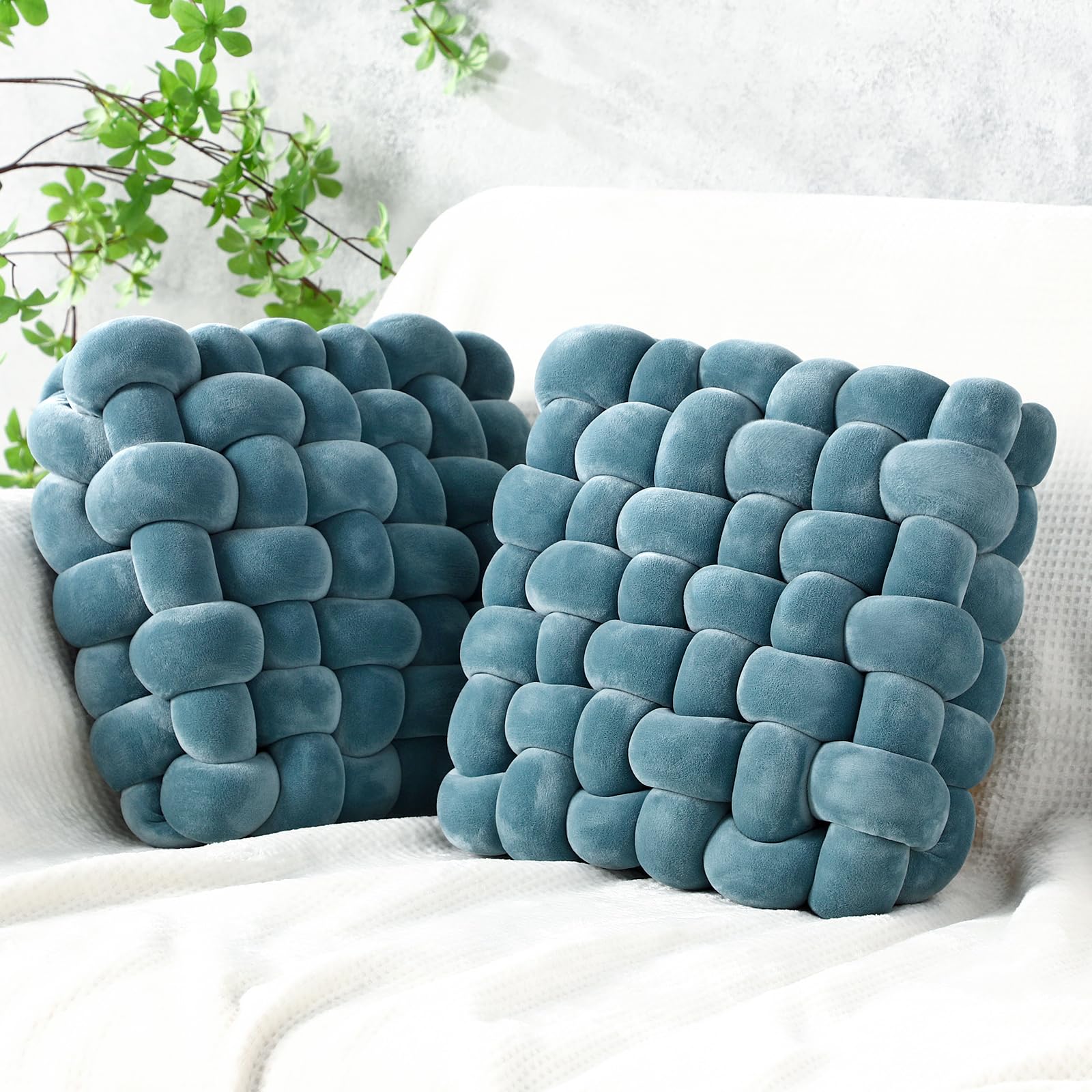Wenqik 2 Pcs Knot Pillows Square Knotted Plush Throws Soft Accent Pillows Decoration Cushion for Couch Home Office Living Room Bedroom Bed Sofa Decor, 12'' x 13''(Cream White,Lambswool)