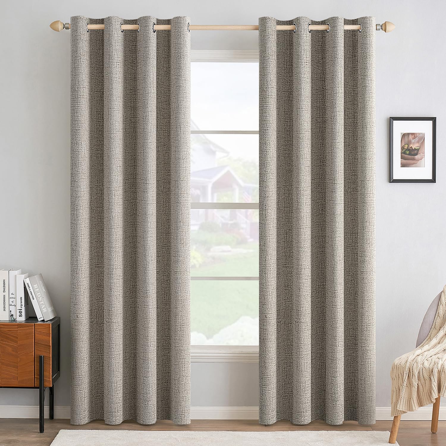 MIULEE 100% Blackout Linen Curtains for Bedroom Thermal Insulated Birch Grommet Room Darkening Curtains & Drapes for Living Room Nursery 52 x 96 Inch (2 Panels)