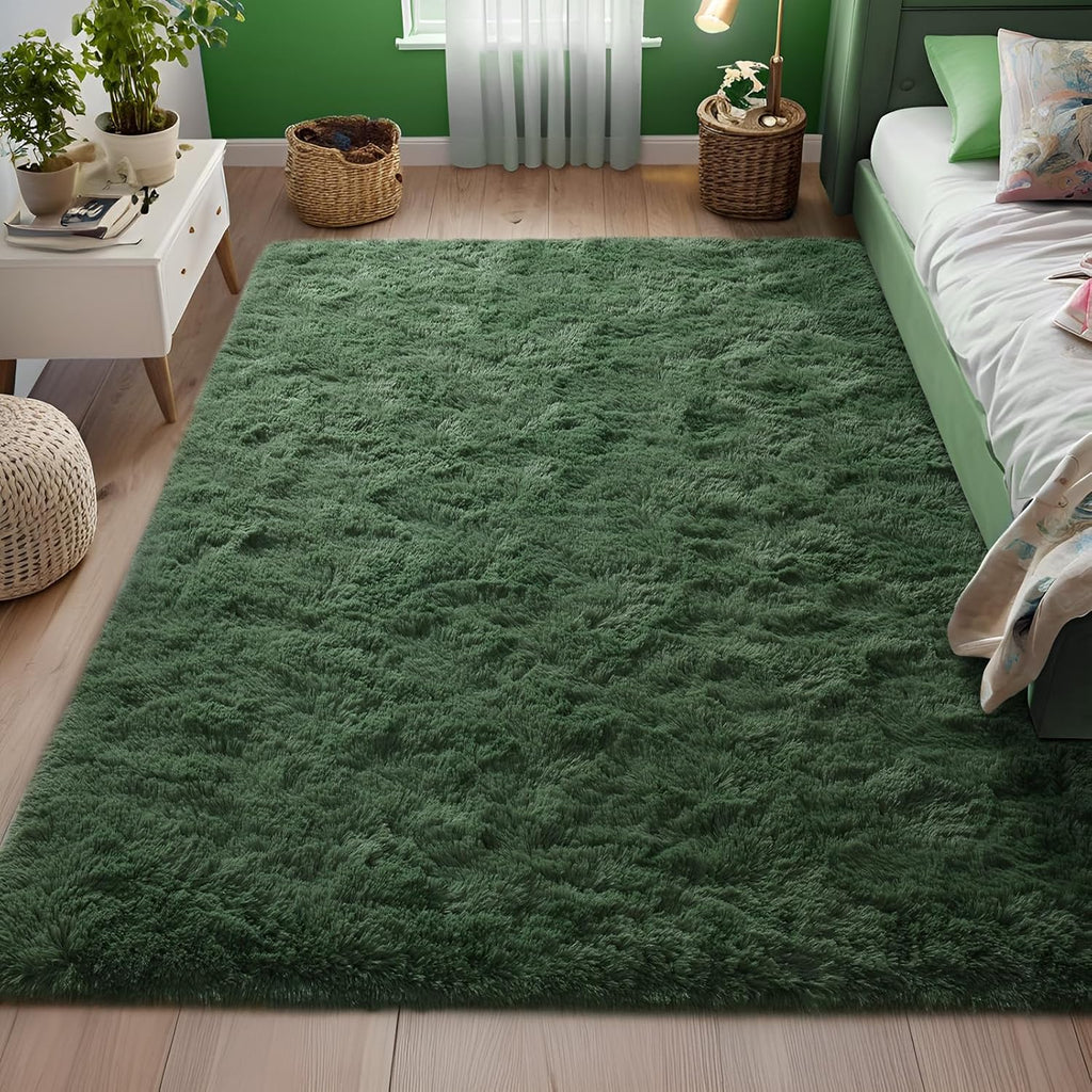 Fluffy Dark Green 6x9 Area Rugs for Living Room, Extra Large Rug for Bedroom Decor, Big Shaggy Floor Carpet, Soft Plush Thick Non-Slip Rectangle Carpets for Home Decor