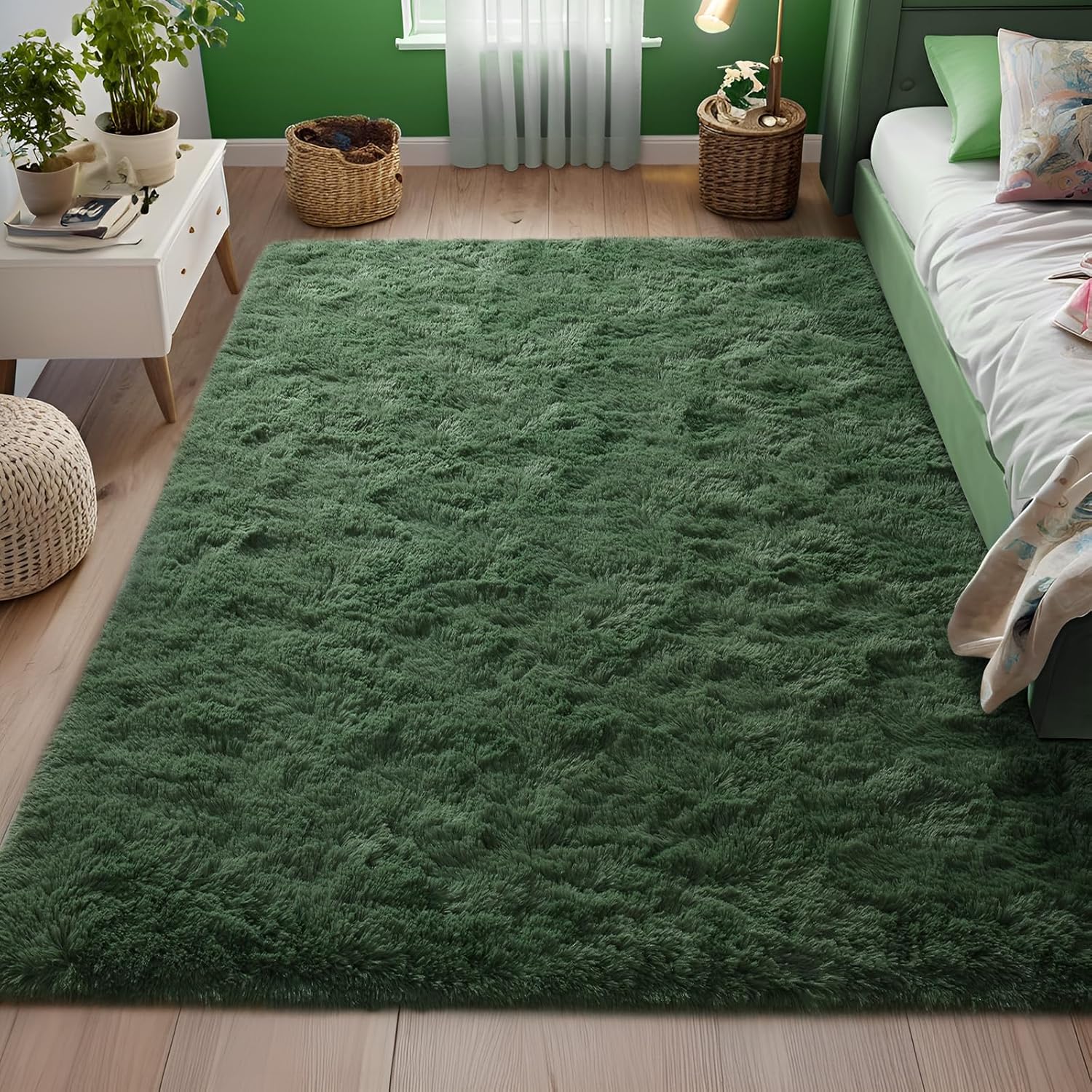Fluffy Dark Green 6x9 Area Rugs for Living Room, Extra Large Rug for Bedroom Decor, Big Shaggy Floor Carpet, Soft Plush Thick Non-Slip Rectangle Carpets for Home Decor
