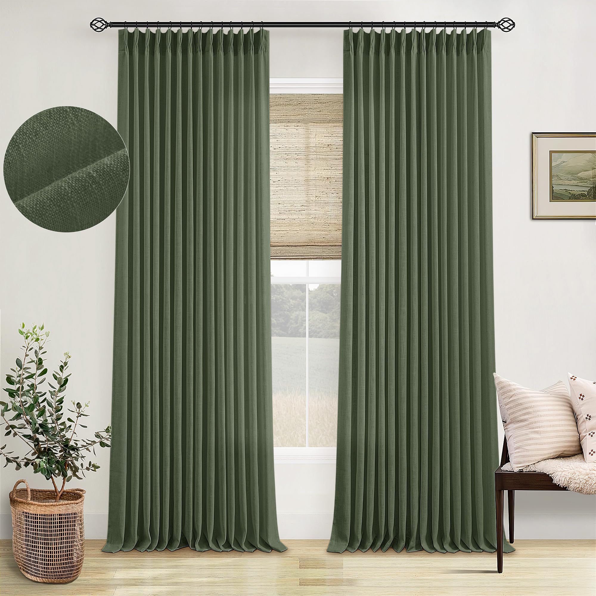 90 Inch Pinch Pleated Linen Curtains 2 Panel Set for Living Room Cream Natural Thick Linen Textured Drapes 90 Inches Long Pinch Pleat Drapes Birch Ivory Semi Sheer Curtain for Dining Bedroom Office