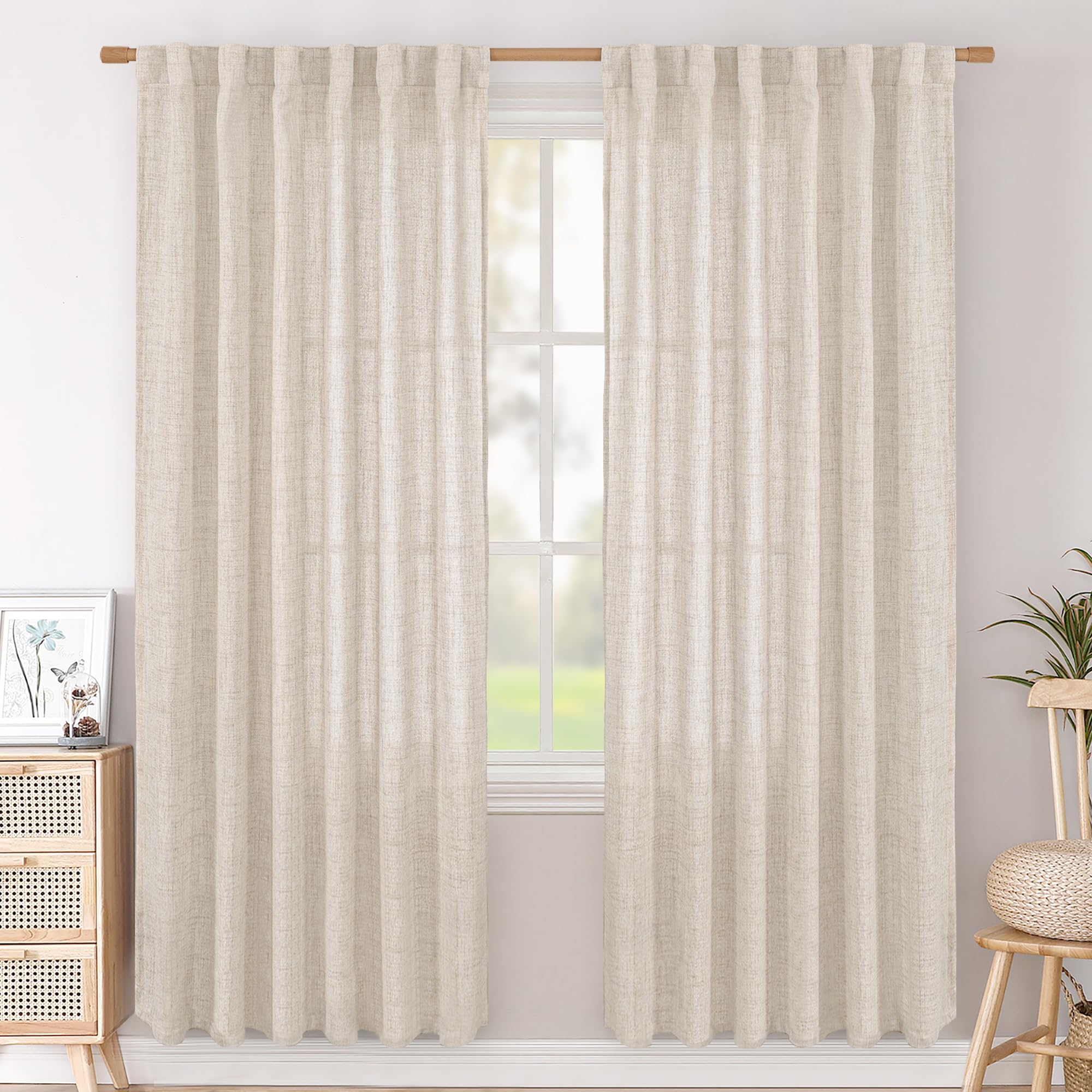 BGment Long 102 Inch Length Linen Curtains for Living Room, Natural Rod Pocket Textured Burlap Drapes Rustic Country Light Filtering for Bedroom Semi Sheer Back Tab, 2 Panel, 52 Inch Wide Each Panel
