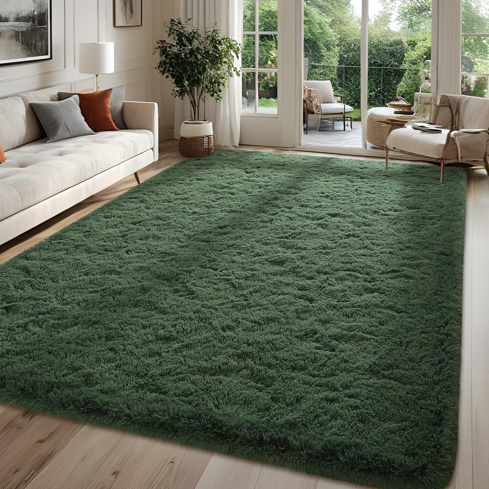 Fluffy Dark Green 6x9 Area Rugs for Living Room, Extra Large Rug for Bedroom Decor, Big Shaggy Floor Carpet, Soft Plush Thick Non-Slip Rectangle Carpets for Home Decor