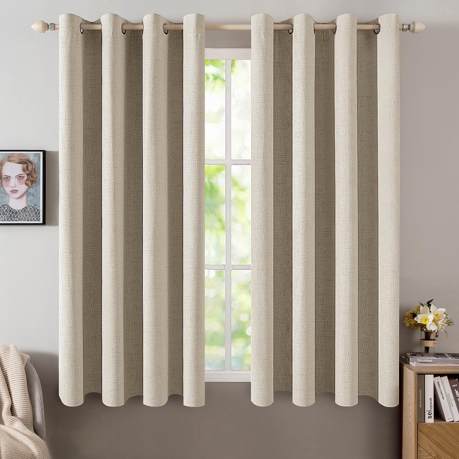 MIULEE 100% Blackout Linen Curtains for Bedroom Thermal Insulated Birch Grommet Room Darkening Curtains & Drapes for Living Room Nursery 52 x 96 Inch (2 Panels)