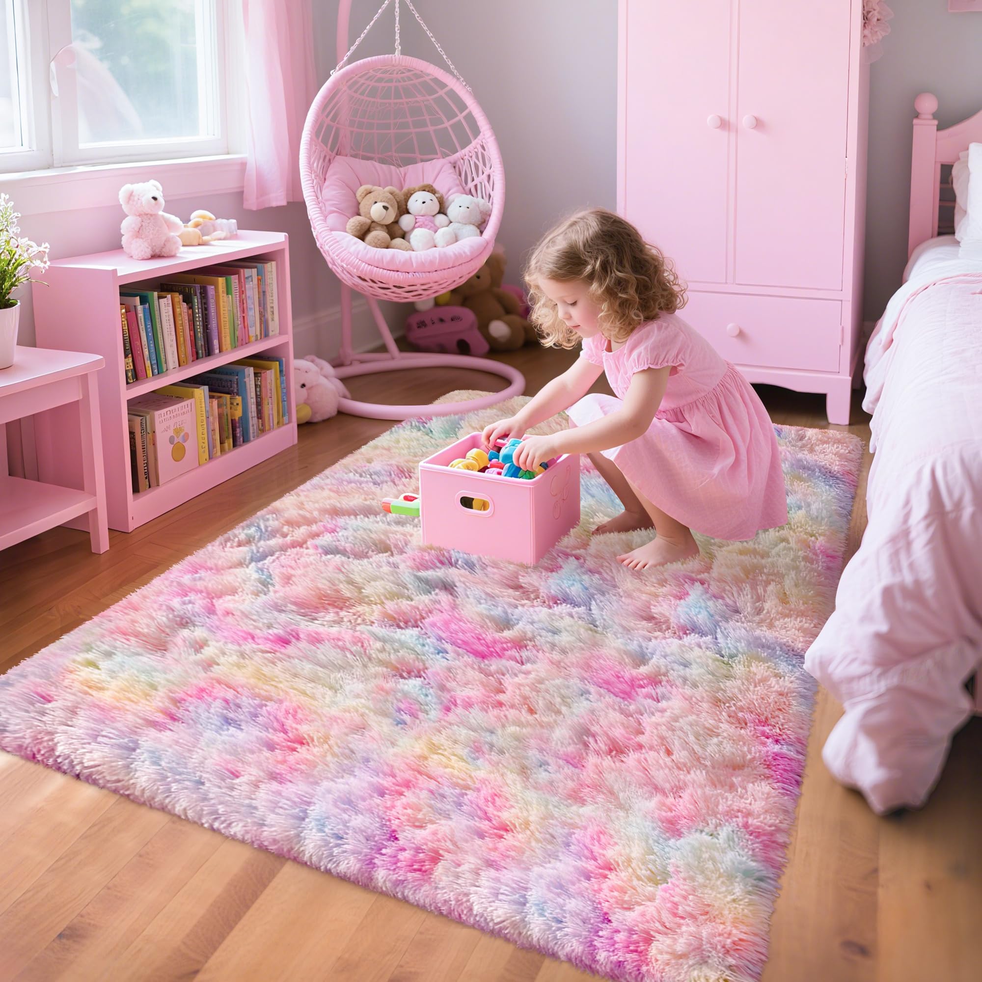 5x8 Ft Light Grey Large Area Rugs for Bedroom,Fluffy Furry Rug Floor Carpets Shaggy Playing Mat for Kids Baby Girls Room Nursery Home Decor Tie Dyed Gray Thick Rugs Fuzzy Home Decor