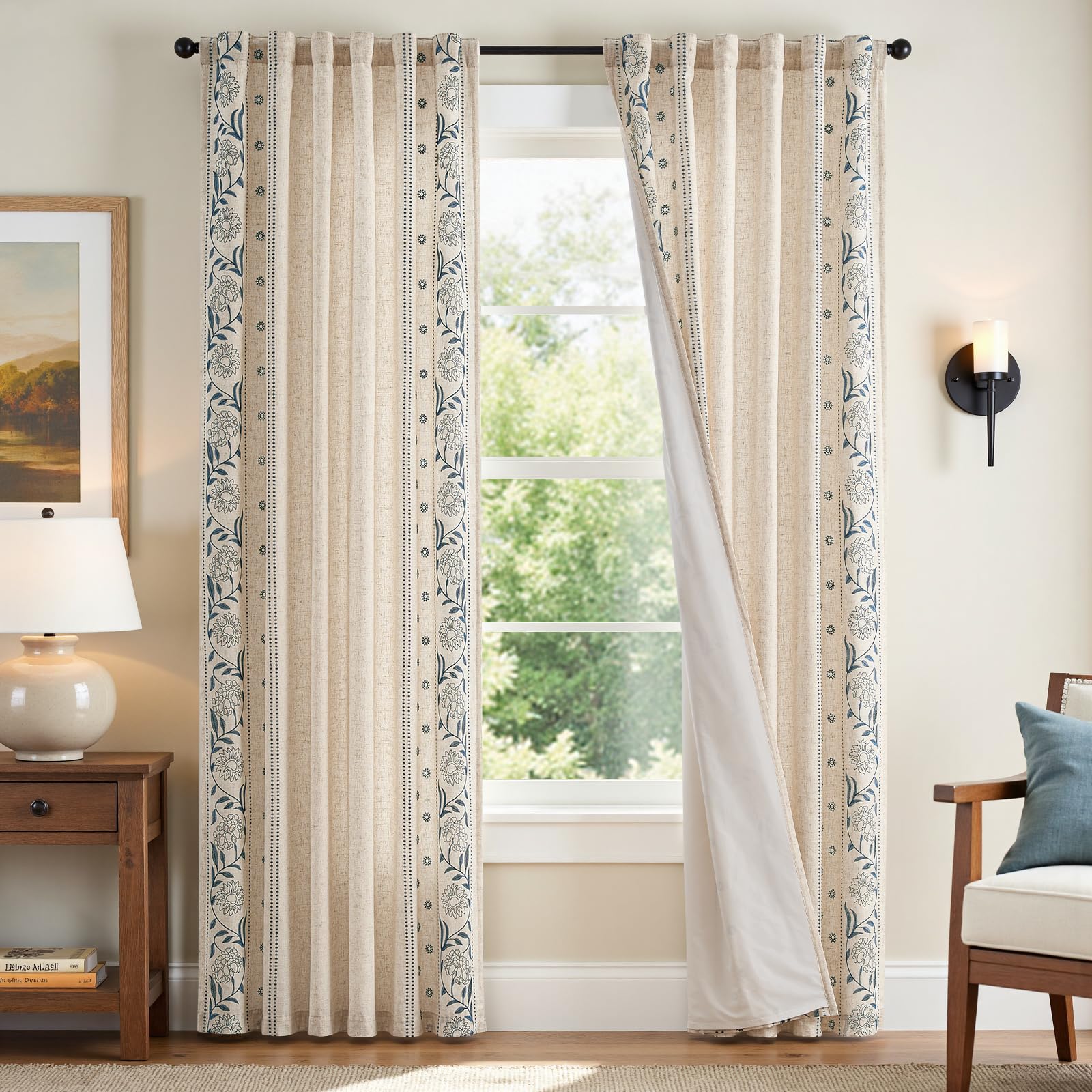 jinchan Winslow Linen Curtains for Bedroom 84 Inches Length Embroidered Bordered Floral Curtains for Living Room Farmhouse Decor Light Filtering Window Treatments Sage on Beige Drapes 2 Panels