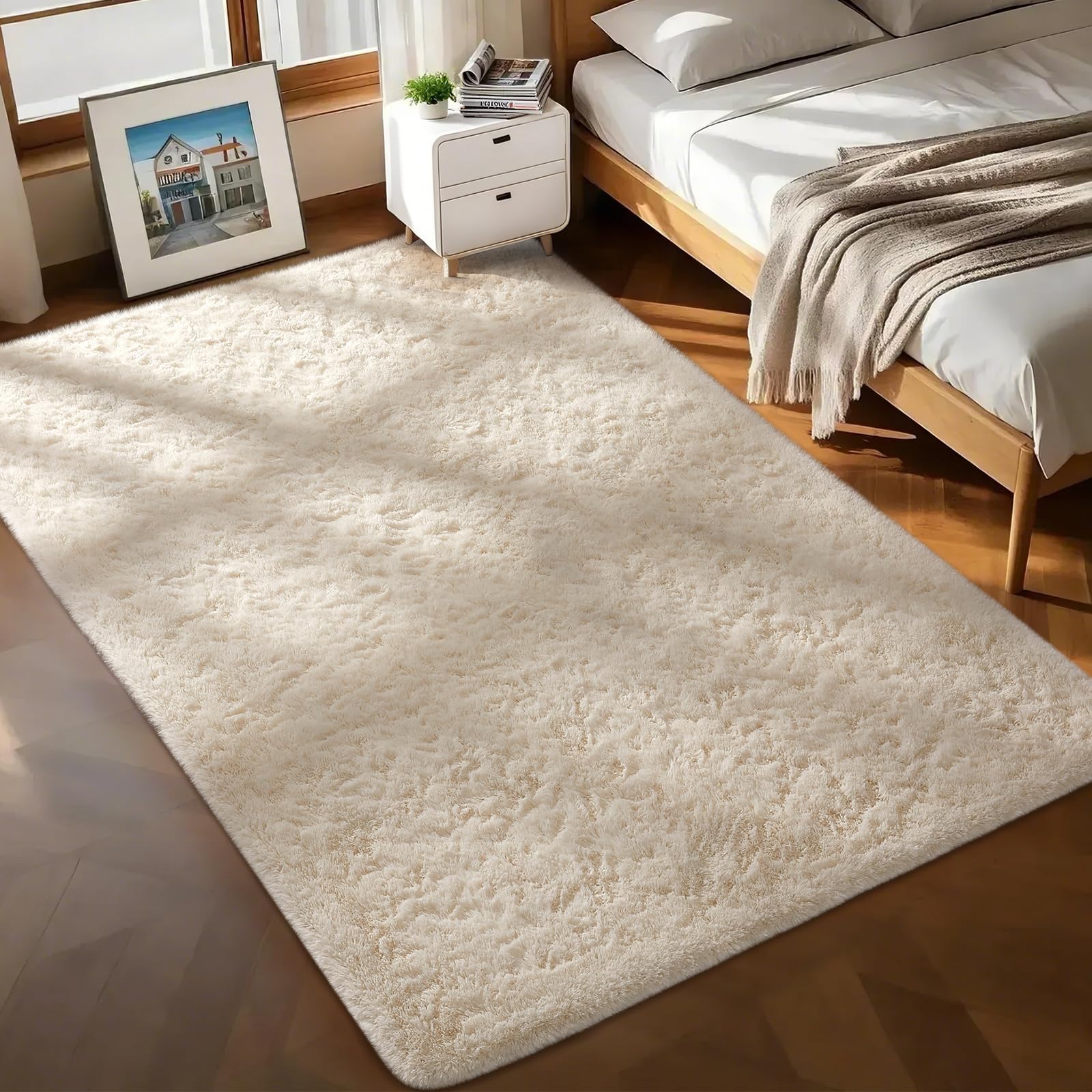 Ophanie Beige Rugs for Living Room Bedroom, 5x8 Fluffy Fuzzy Furry Carpet, Plush Soft Shaggy Bedside Indoor Floor Area Rug for Kids Girls Boys Baby Teen Dorm Nursery Home Decor Aesthetic
