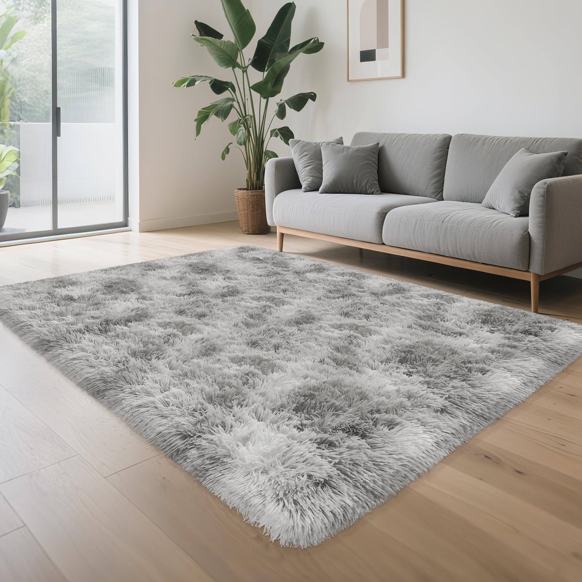 5x8 Ft Light Grey Large Area Rugs for Bedroom,Fluffy Furry Rug Floor Carpets Shaggy Playing Mat for Kids Baby Girls Room Nursery Home Decor Tie Dyed Gray Thick Rugs Fuzzy Home Decor