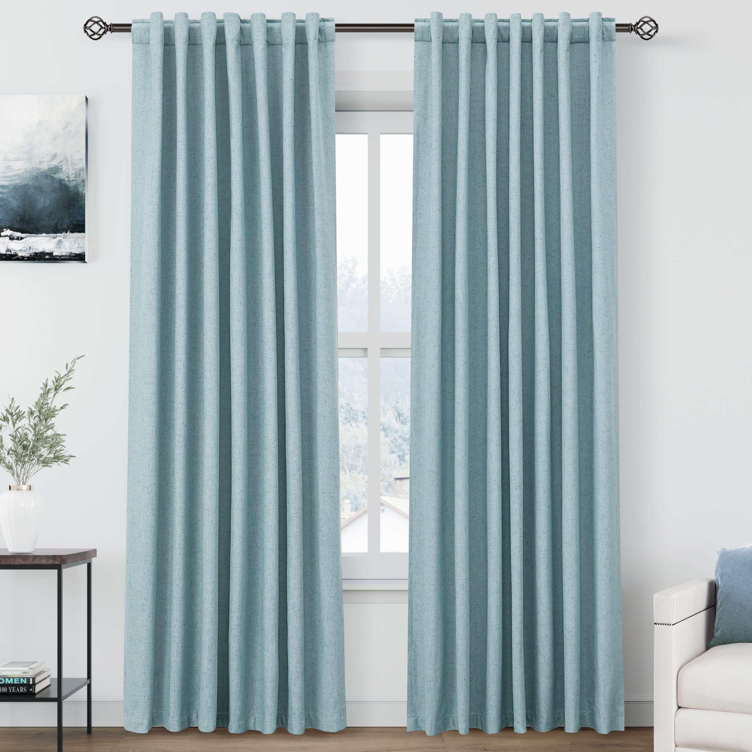 Nanspring Light Grey 100% Blackout Linen Curtains for Bedroom 90 Inches Long Back Tab Thermal Insulated Modern Luxury Simple Black Out Curtain for Living Room Dining Room Drapes 52x90, 2 Panels