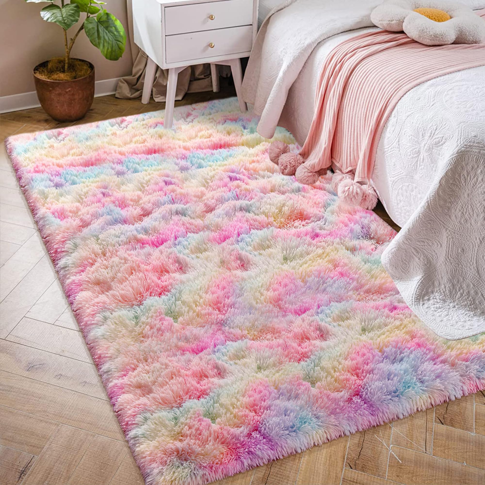 5x8 Ft Light Grey Large Area Rugs for Bedroom,Fluffy Furry Rug Floor Carpets Shaggy Playing Mat for Kids Baby Girls Room Nursery Home Decor Tie Dyed Gray Thick Rugs Fuzzy Home Decor