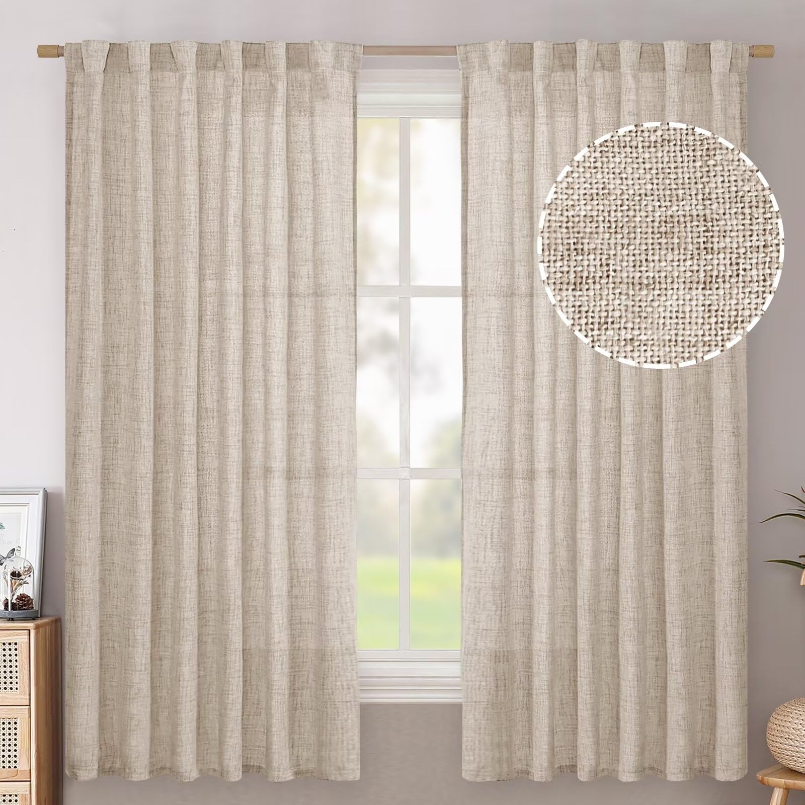 BGment Long 102 Inch Length Linen Curtains for Living Room, Natural Rod Pocket Textured Burlap Drapes Rustic Country Light Filtering for Bedroom Semi Sheer Back Tab, 2 Panel, 52 Inch Wide Each Panel