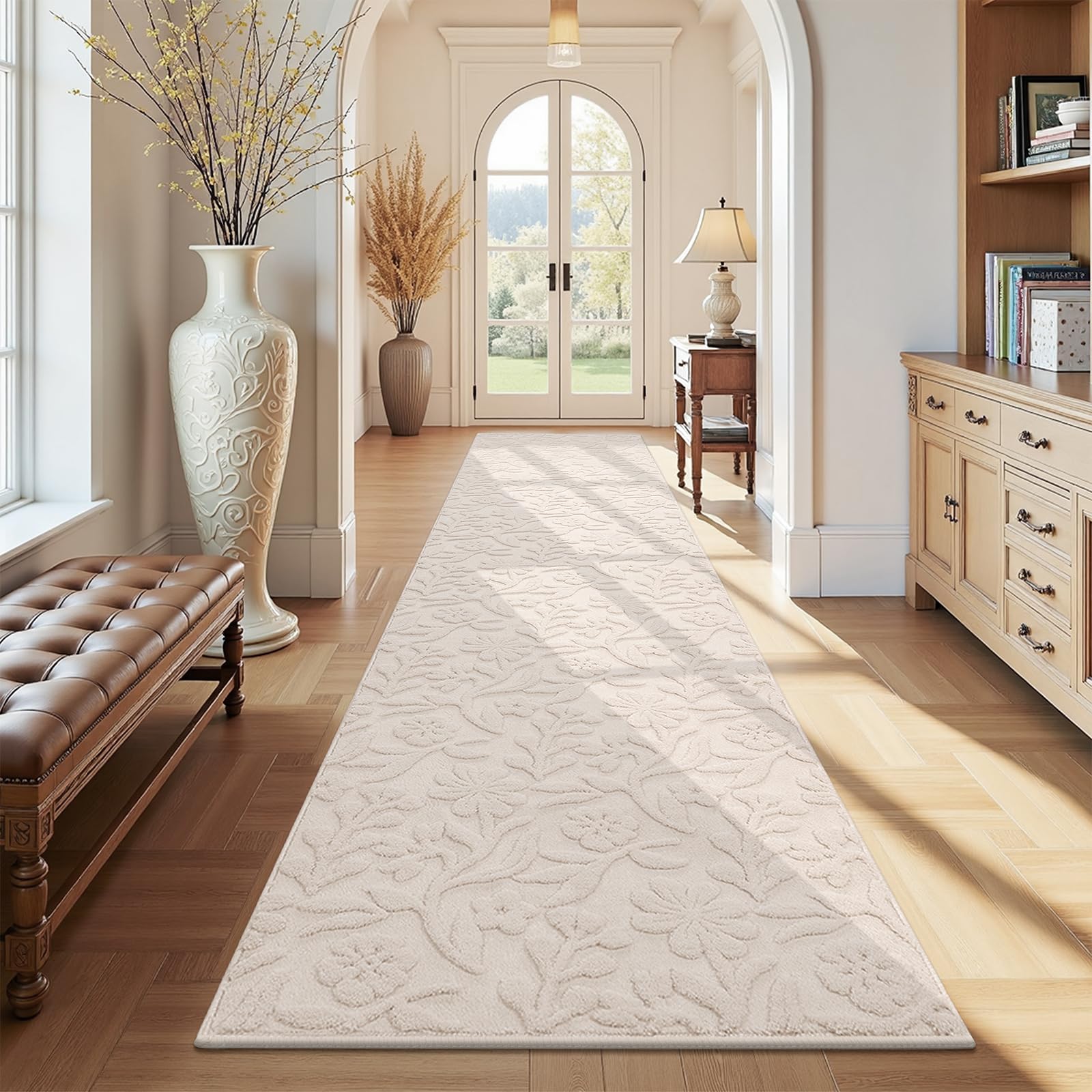 Vaukki Round Rug for Living Room, Soft Fluffy Washable Modern Floral Indoor Floor Mat, Non Slip Shaggy Boho Accent Throw Carpet for Bedroom, Living Room, Nursery and Dining Room, Beige, Round-6Ft