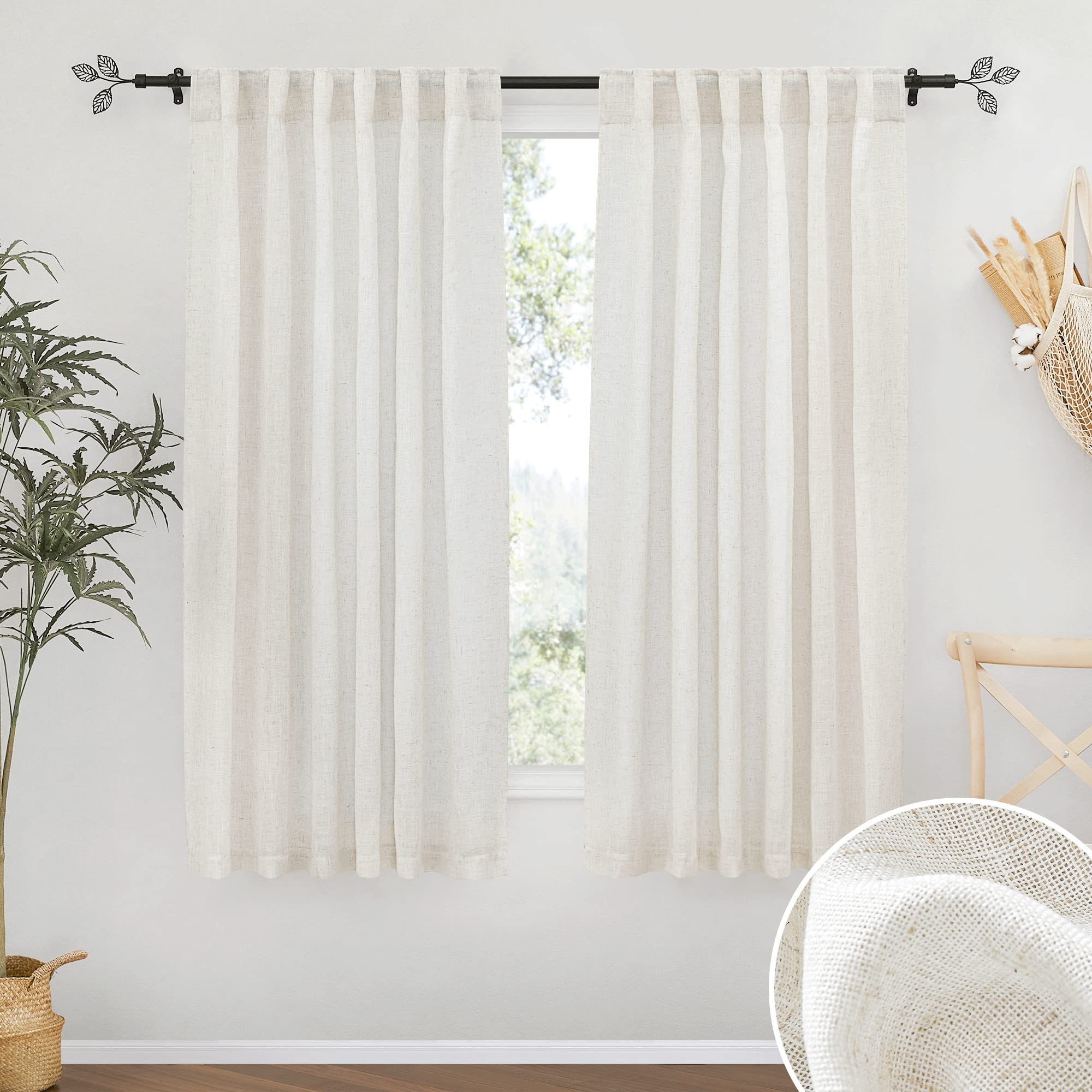 RYB HOME Farmhouse Sheer Curtains 108 inch Length, Semi Sheer Curtain & Drapes Large Window Dressing Lights & Winds Filter for Bedroom Home Office Living Room, Linen, W 70 x L 108 inch Long, 1 Pair