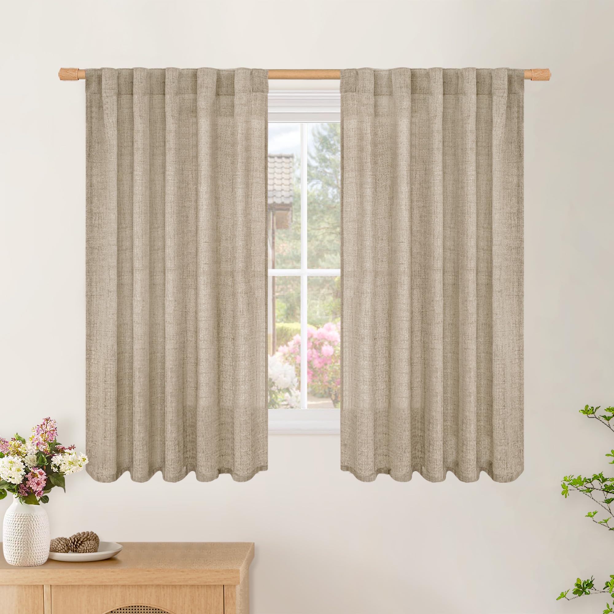 BGment Long 102 Inch Length Linen Curtains for Living Room, Natural Rod Pocket Textured Burlap Drapes Rustic Country Light Filtering for Bedroom Semi Sheer Back Tab, 2 Panel, 52 Inch Wide Each Panel