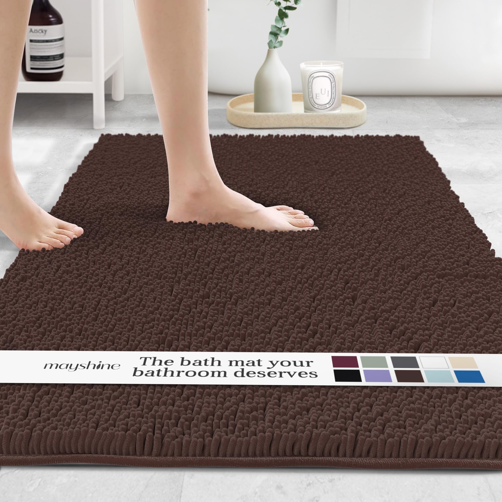 MAYSHINE Plush Shaggy Chenille Bath Mat | Extra Soft, Super Absorbent, Non-Slip Bathroom Rug | Fluffy Microfiber, Area Rug Sets for Bathroom Floor, Kitchen, Living Room | 59"x31" | Beige