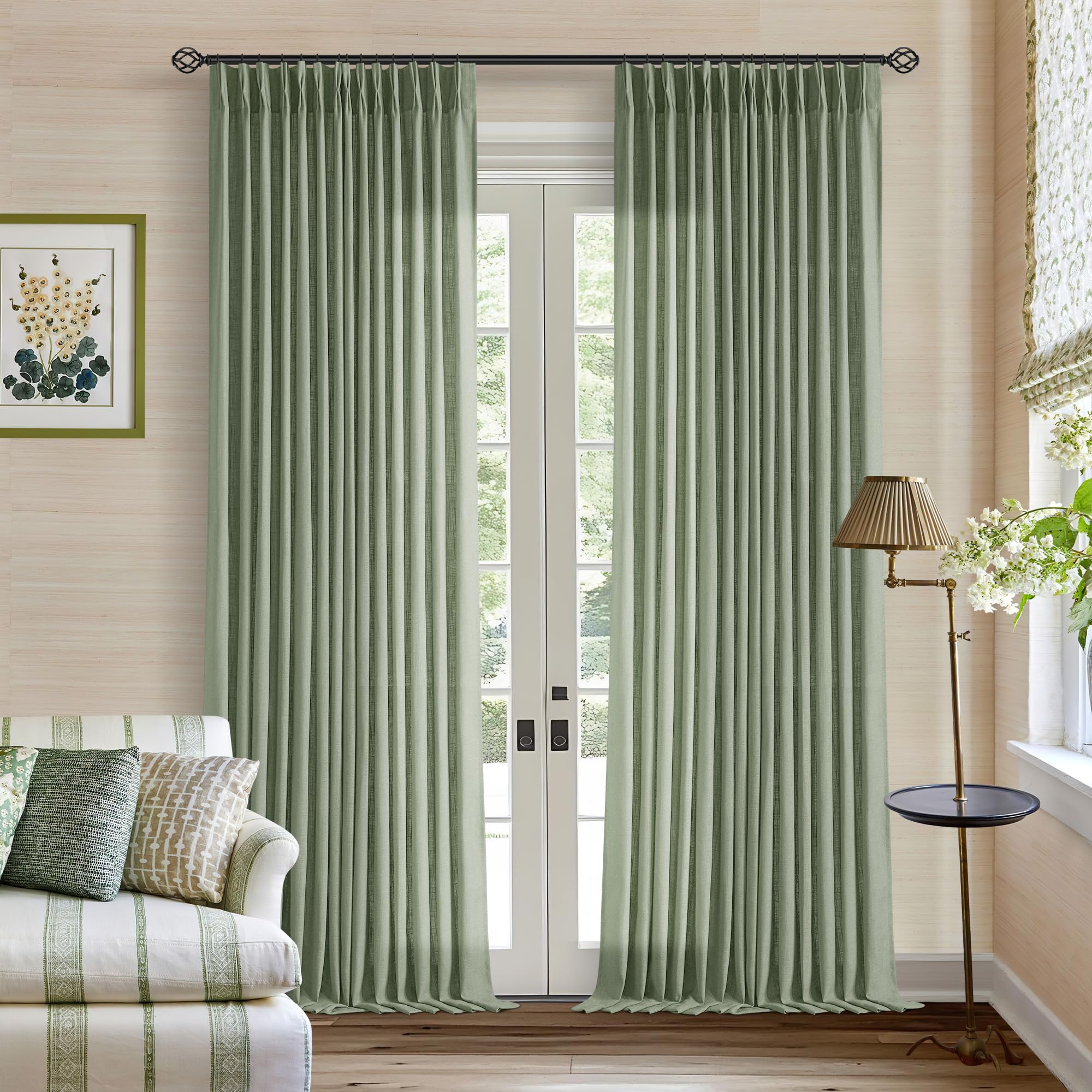 90 Inch Pinch Pleated Linen Curtains 2 Panel Set for Living Room Cream Natural Thick Linen Textured Drapes 90 Inches Long Pinch Pleat Drapes Birch Ivory Semi Sheer Curtain for Dining Bedroom Office