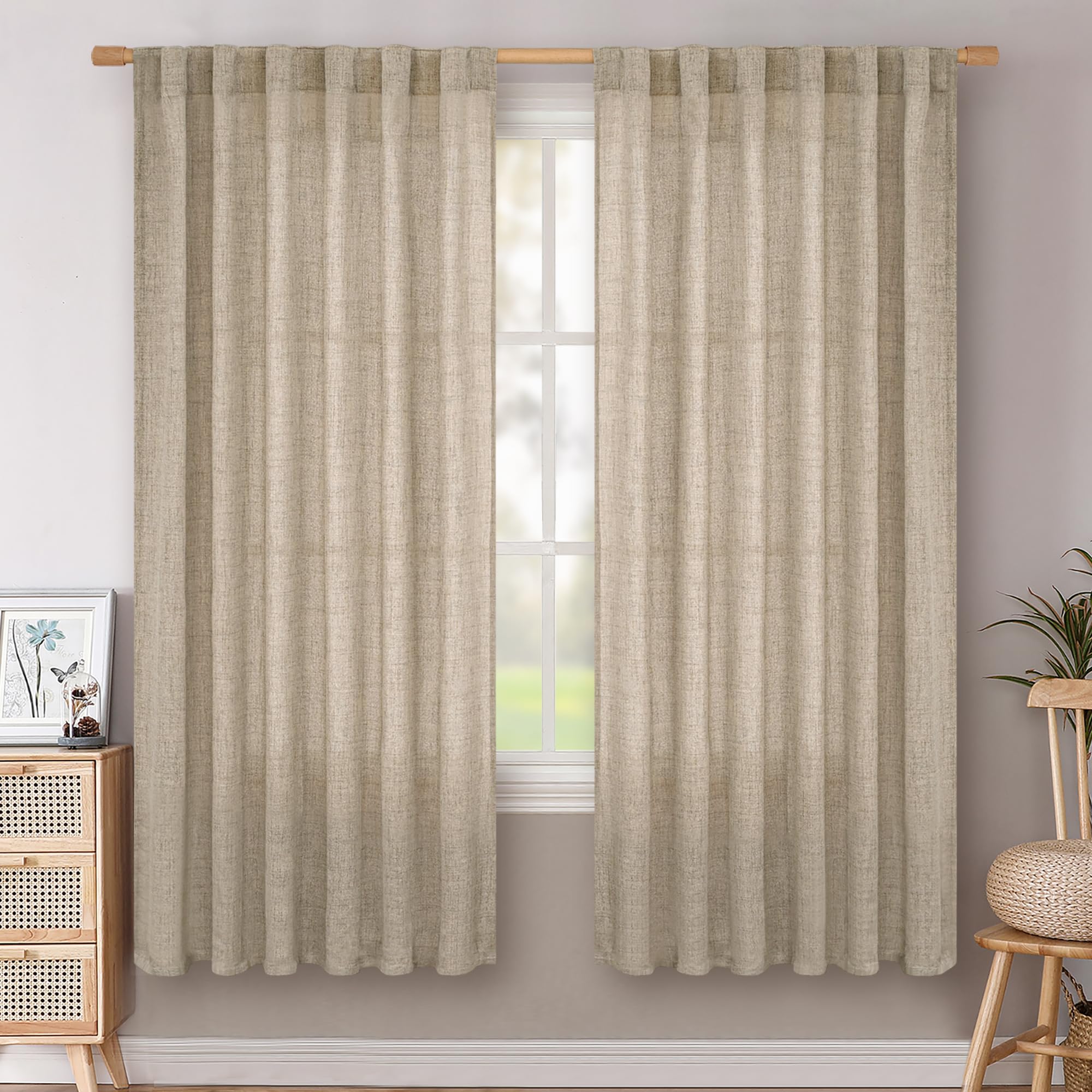 BGment Long 102 Inch Length Linen Curtains for Living Room, Natural Rod Pocket Textured Burlap Drapes Rustic Country Light Filtering for Bedroom Semi Sheer Back Tab, 2 Panel, 52 Inch Wide Each Panel