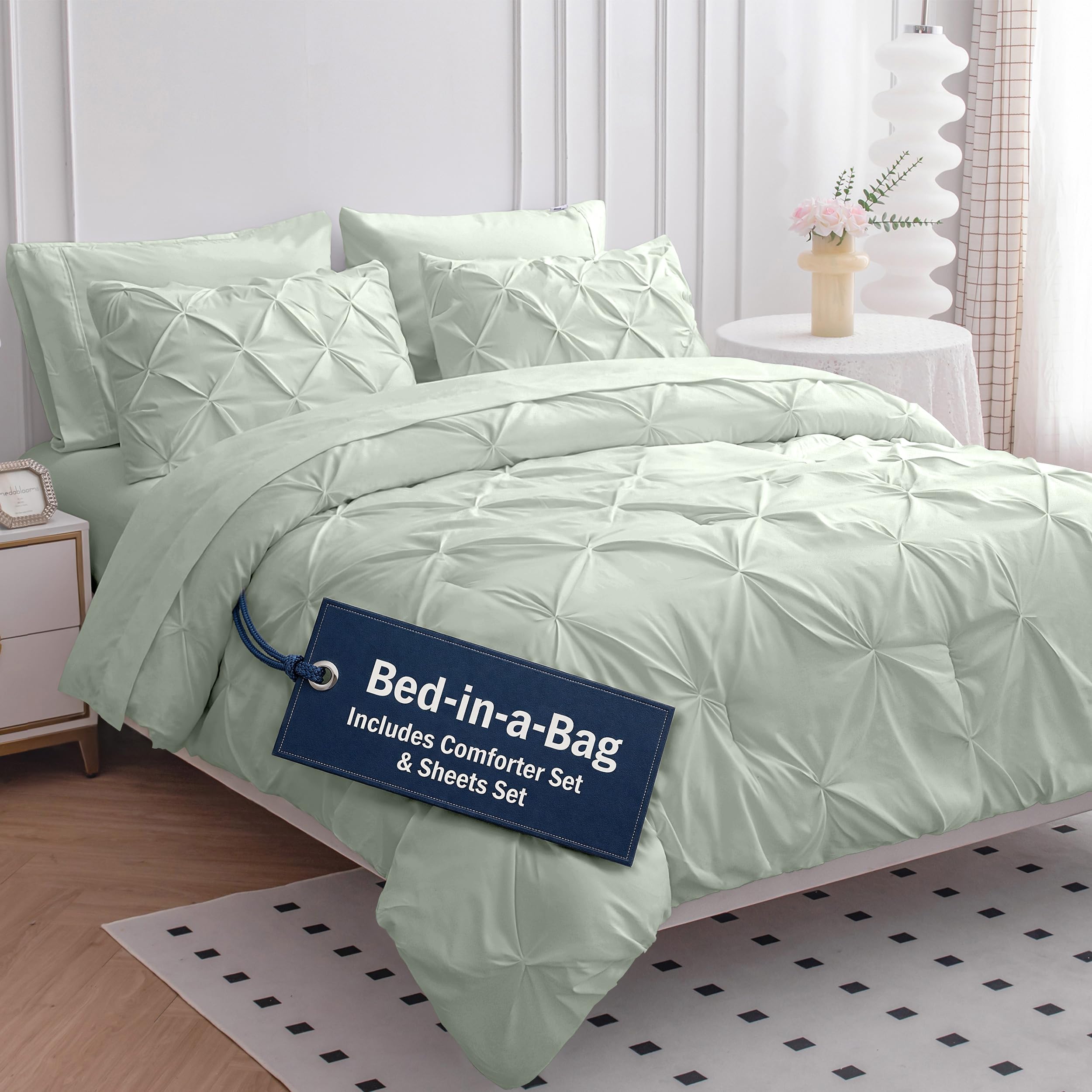LANE LINEN Full Size Bed Comforter - 7 Piece - Refined Pintuck Finish for Hotel Style Bedding - Breathable Microfiber Bed in a Bag Comforter - Ideal for Apartments & First Homes - French Blue | Hotel sleep feel