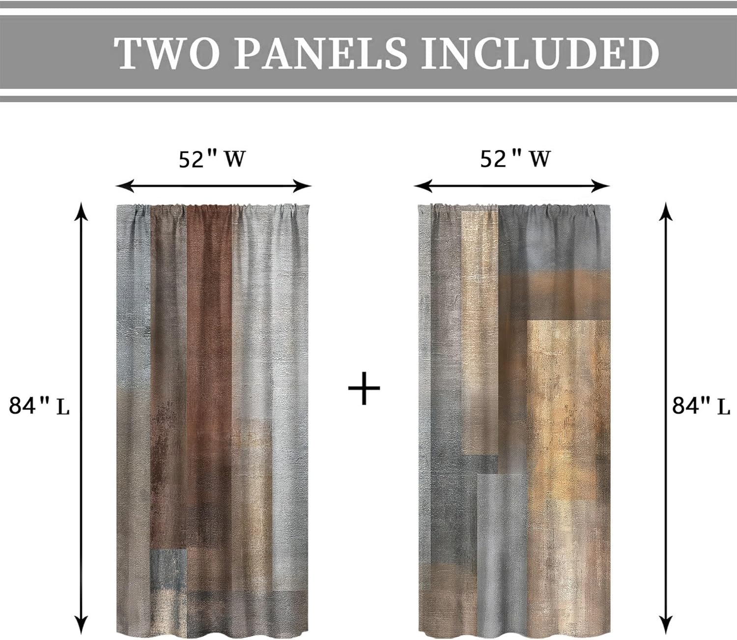 Abstract Brown Grey Curtains 52Wx84H Inch Rod Pocket Rustic Vintage Geometric Blocks Farmhouse Modern Minimalist Art Printed Simple Living Room Bedroom Window Drapes Treatment 2 Panels