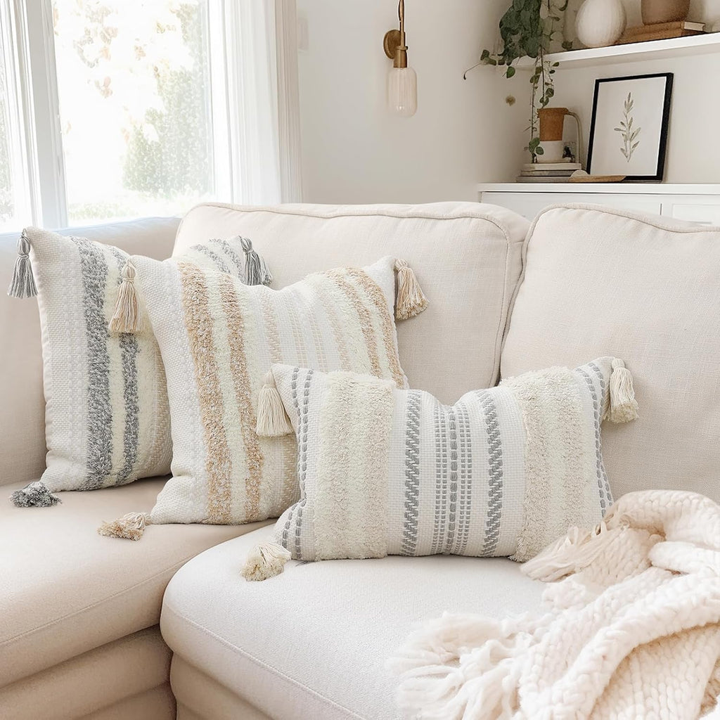 decorUhome Summer Decorative Boho Throw Pillow Covers 20x20 Set of 2, Accent Neutral Textured Tufted Pillow Covers Striped for Couch Bed Sofa Living Room, Light Grey and Cream White