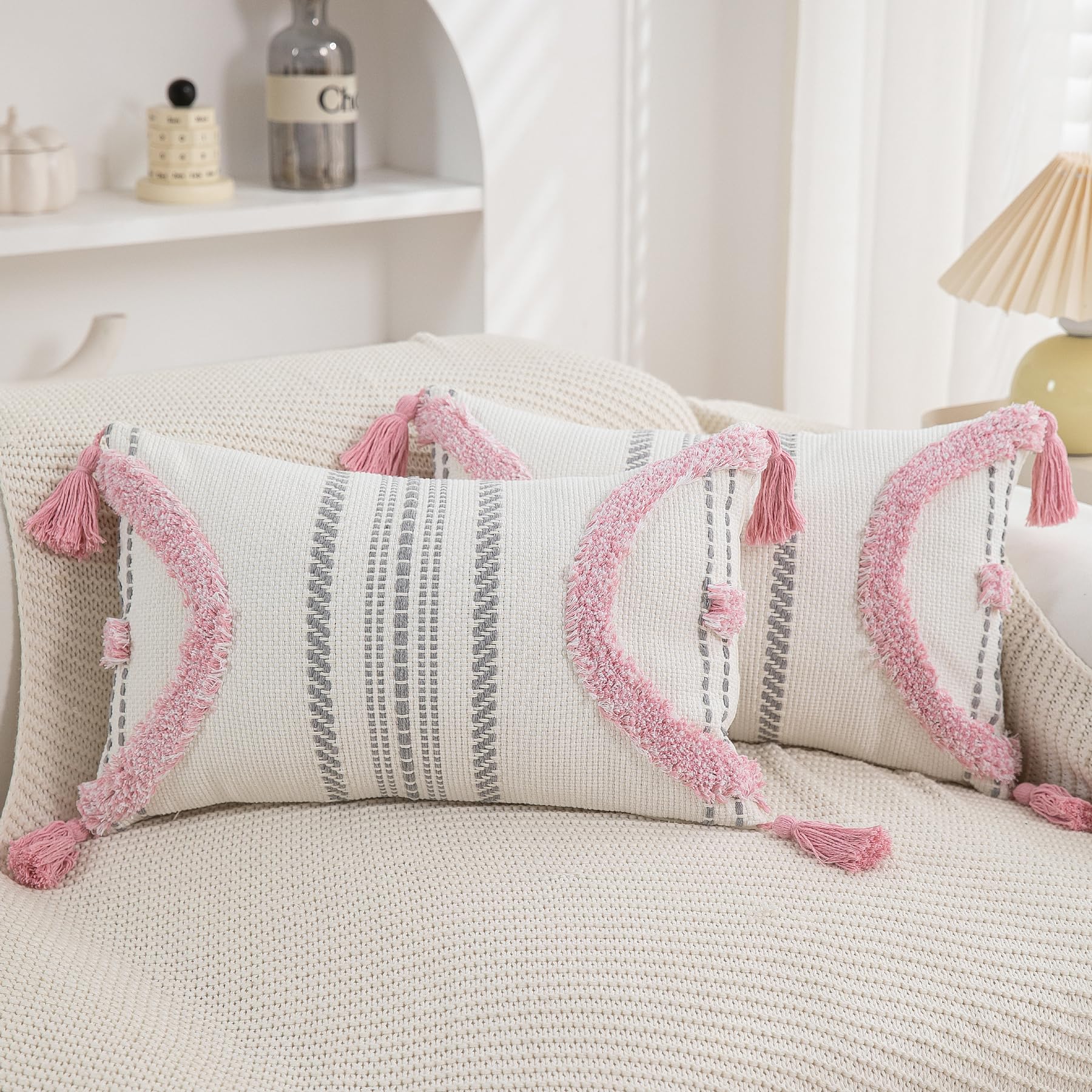 2-Pack 18×18" Beige Boho Tufted Pillow Covers with Tassels, Woven Cotton Decor Cases for Sofa & Bed