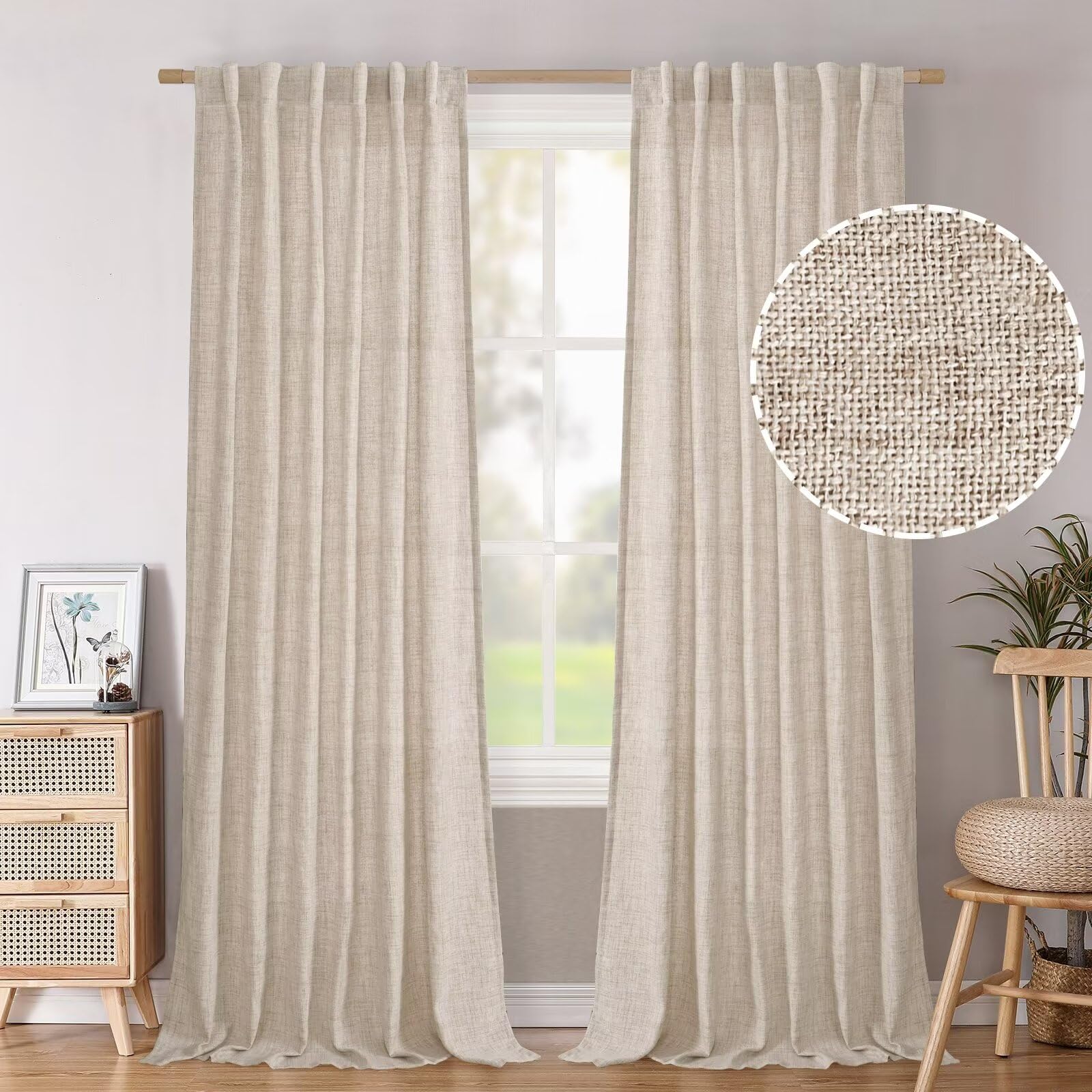 BGment Long 102 Inch Length Linen Curtains for Living Room, Natural Rod Pocket Textured Burlap Drapes Rustic Country Light Filtering for Bedroom Semi Sheer Back Tab, 2 Panel, 52 Inch Wide Each Panel