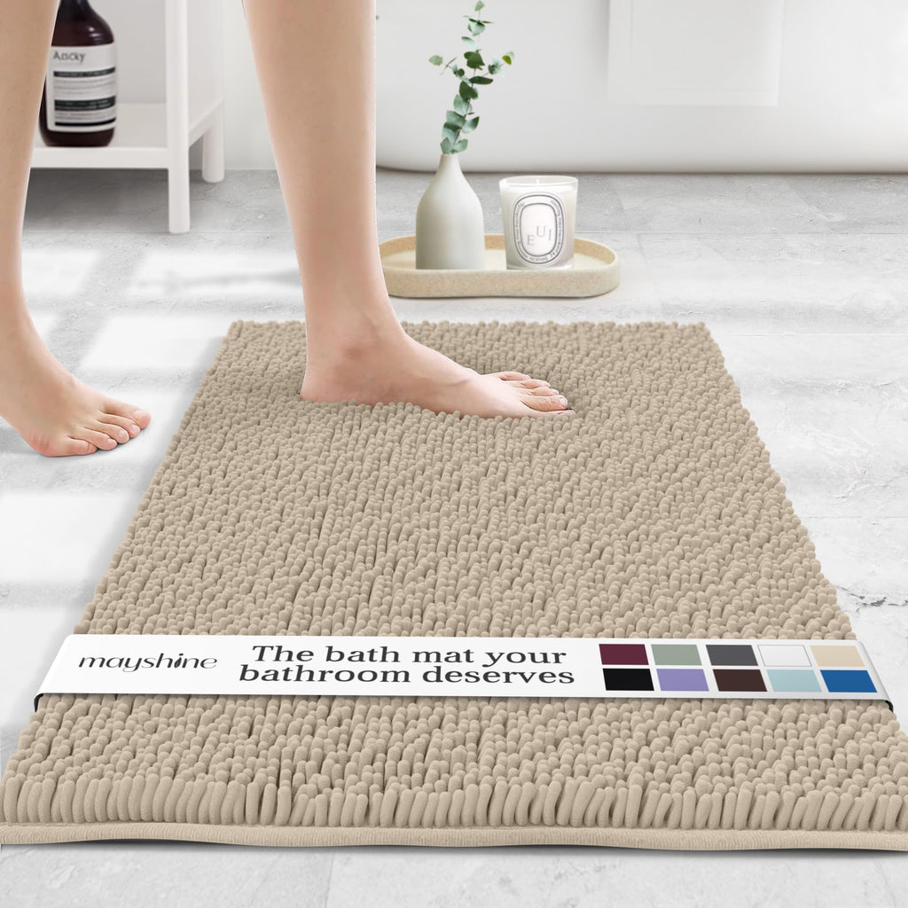 MAYSHINE Plush Shaggy Chenille Bath Mat | Extra Soft, Super Absorbent, Non-Slip Bathroom Rug | Fluffy Microfiber, Area Rug Sets for Bathroom Floor, Kitchen, Living Room | 59"x31" | Beige