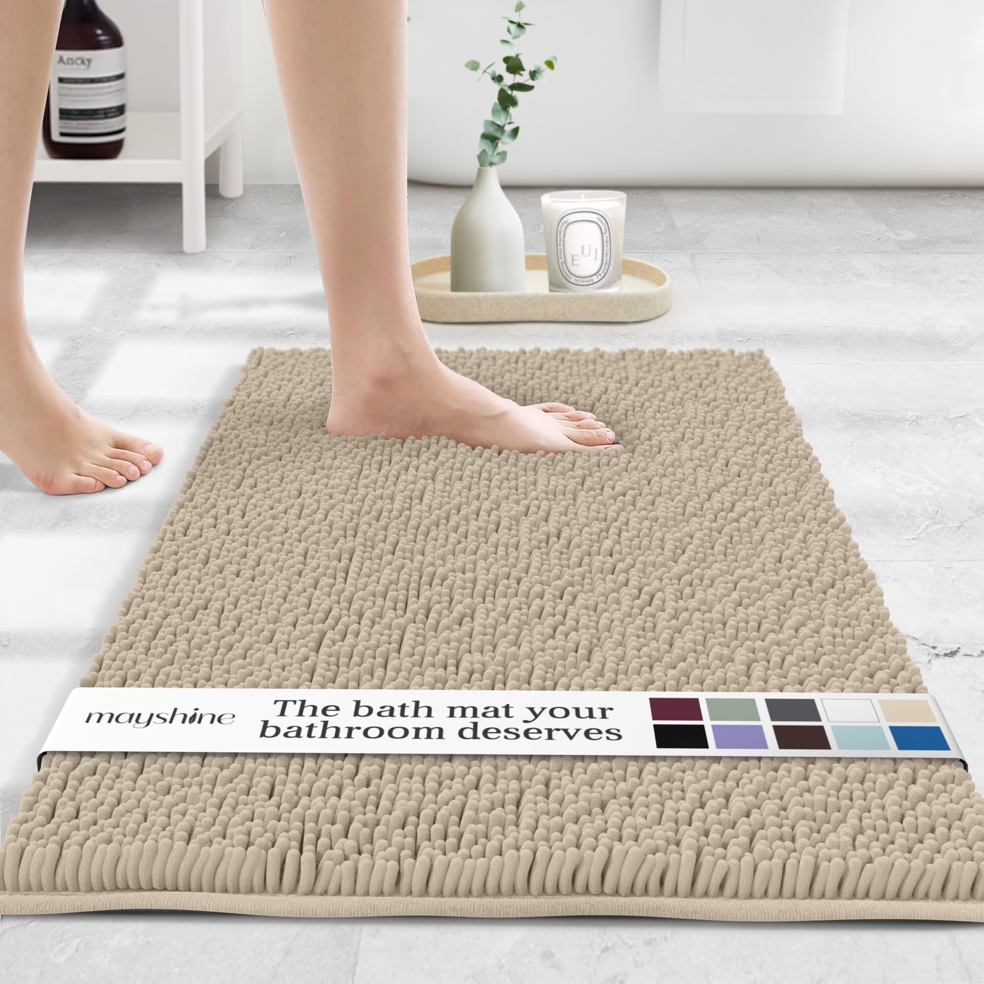 MAYSHINE Plush Shaggy Chenille Bath Mat | Extra Soft, Super Absorbent, Non-Slip Bathroom Rug | Fluffy Microfiber, Area Rug Sets for Bathroom Floor, Kitchen, Living Room | 59"x31" | Beige
