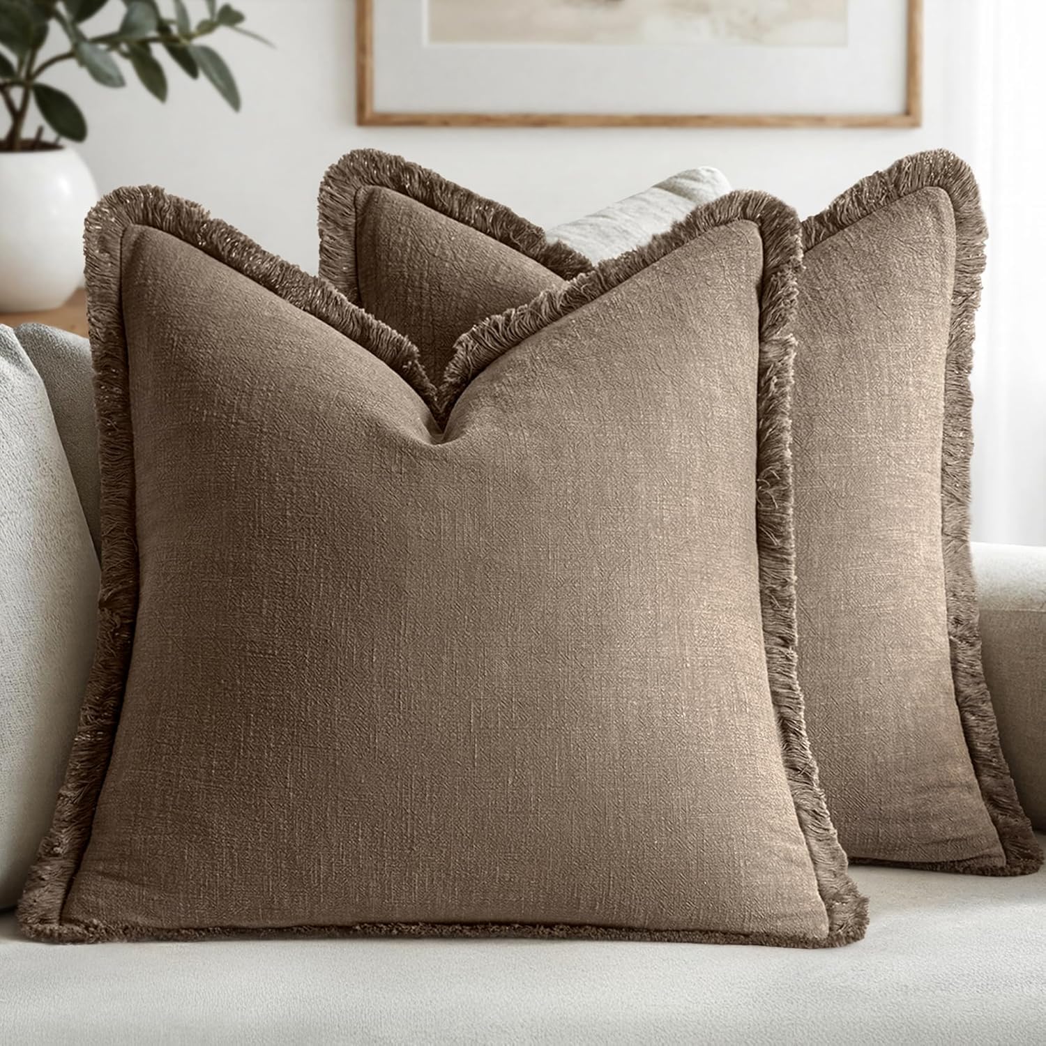 MIULEE Decorative Throw Pillow Covers Neutral Linen Fringe Throw Pillows Euro Shams Set of 2 Brown Boho Farmhouse Cushion Covers for Couch Sofa Bed Living Room Spring Home Decor 26x26 Inch