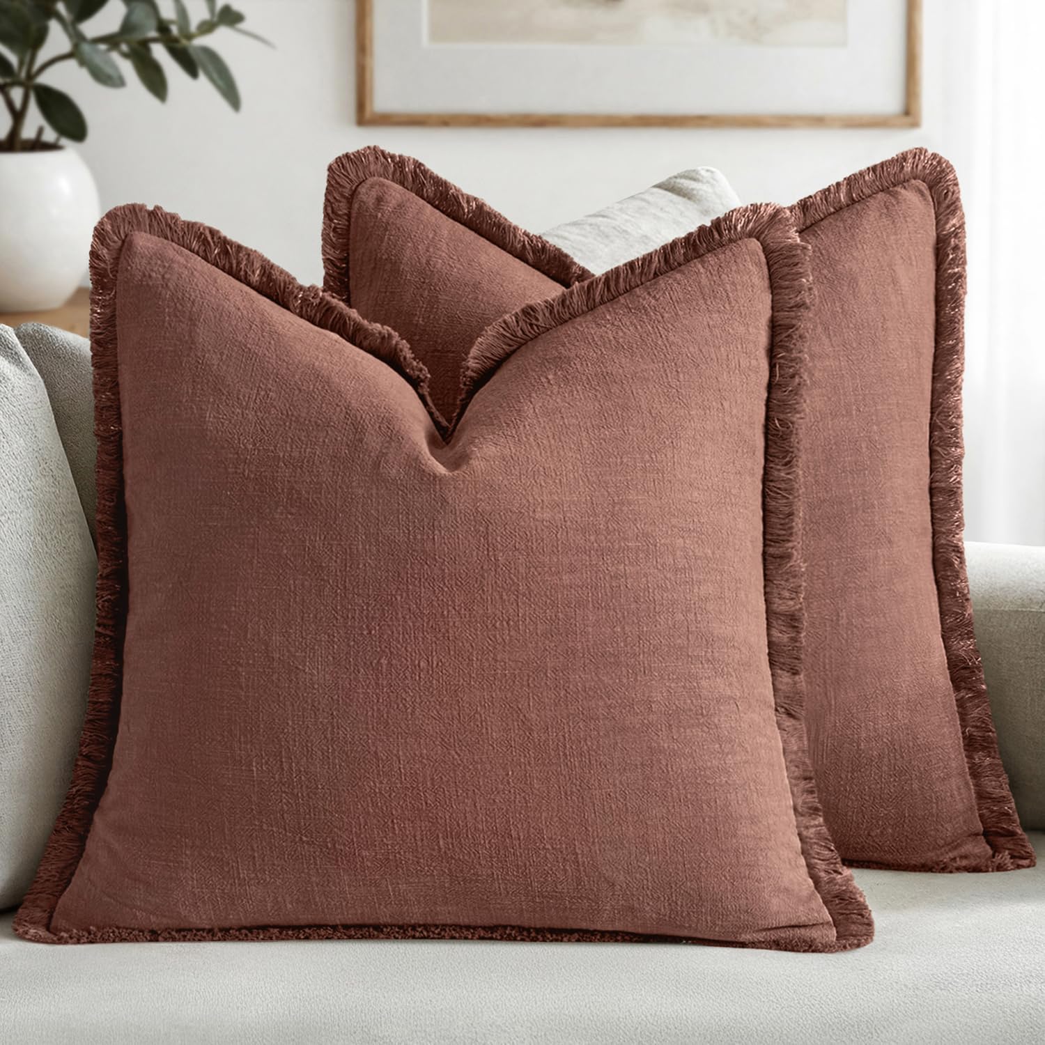 MIULEE Decorative Throw Pillow Covers Neutral Linen Fringe Throw Pillows Euro Shams Set of 2 Brown Boho Farmhouse Cushion Covers for Couch Sofa Bed Living Room Spring Home Decor 26x26 Inch