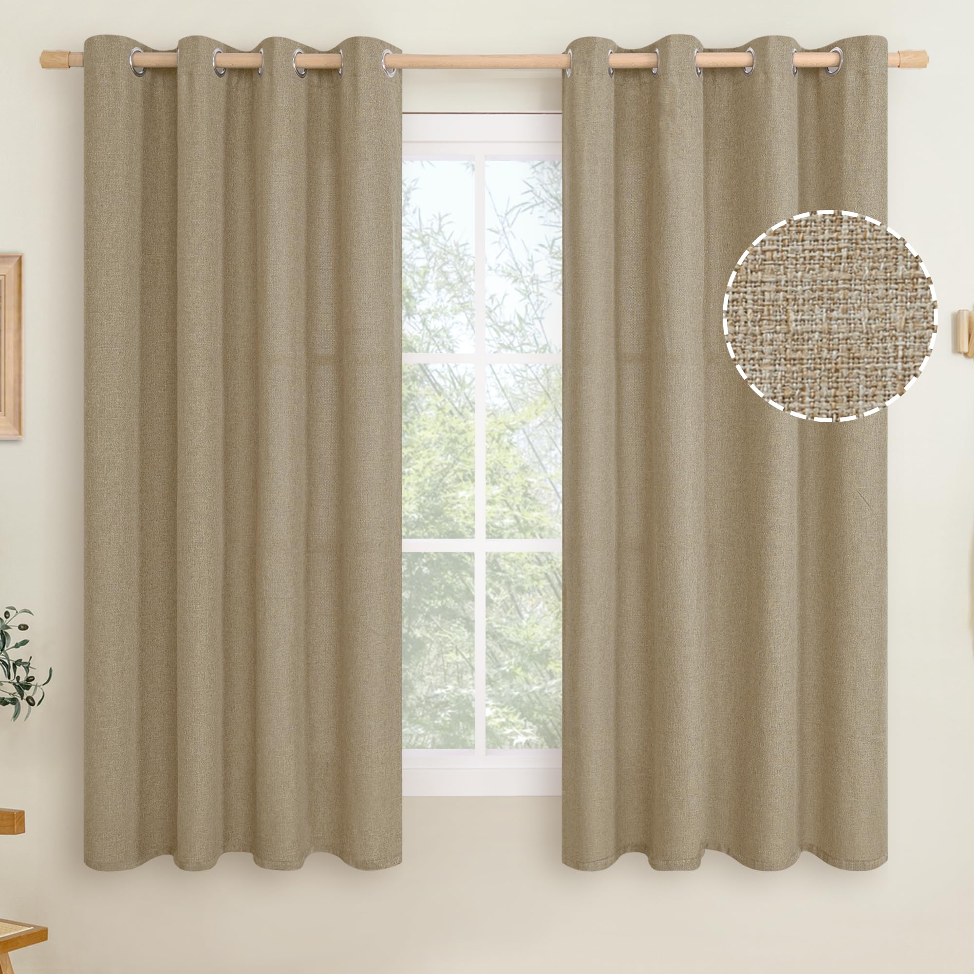 LAMIT Natural Beige Linen Curtains for Bedroom, 84 inches Grommet Thermal Insulated Thick Burlap Farmhouse Neutral Curtains Noise Reducing Light Filtering Drapes for Living Room, 2 Panels, W60 x L84