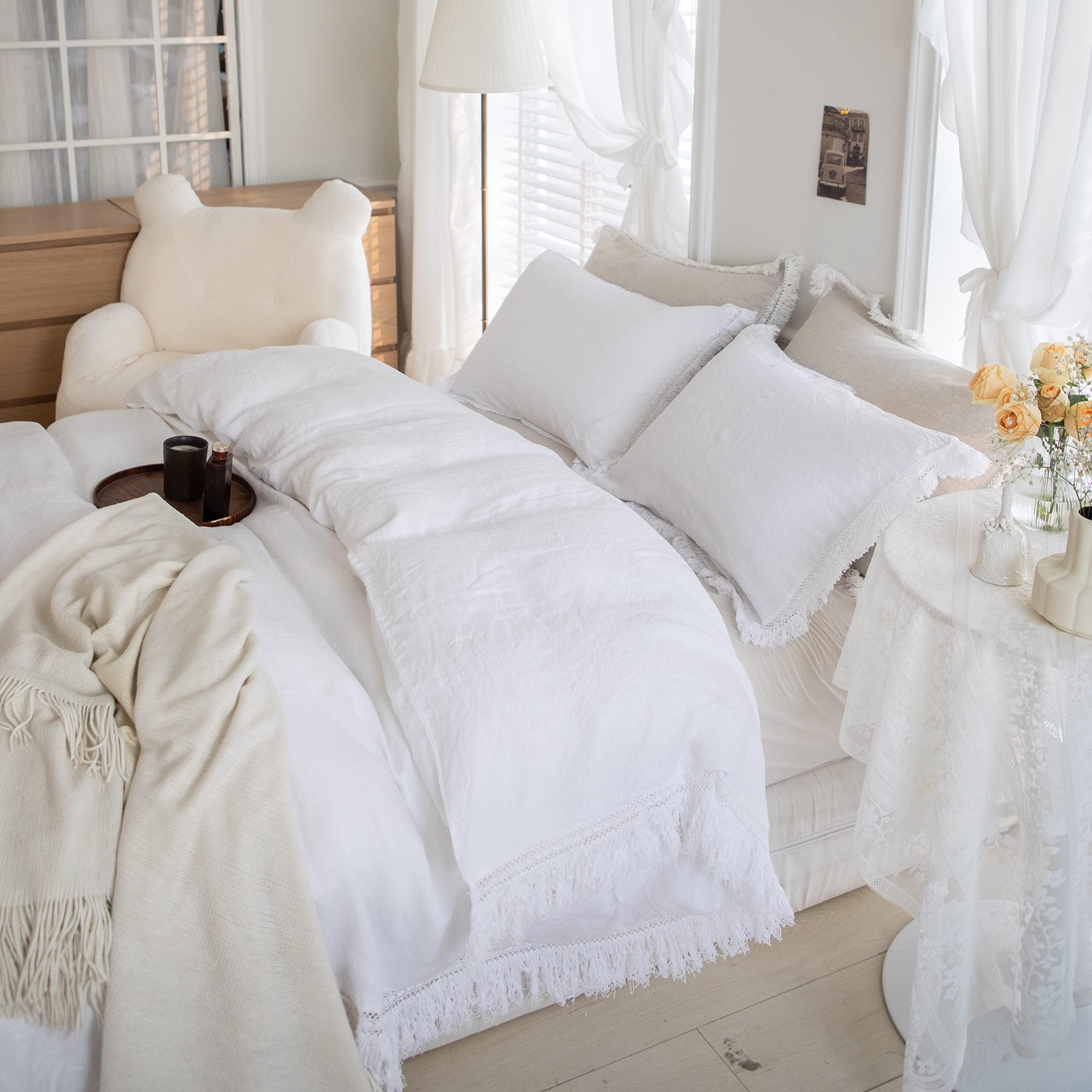 Simple&Opulence 100% Linen Euro Sham Pillow Covers Belgian Flax-Set of 2, Decorative Pillow Cover with Tassels, Boho Shabby Chic Style for Couch/Bed, White, 26" x 26"