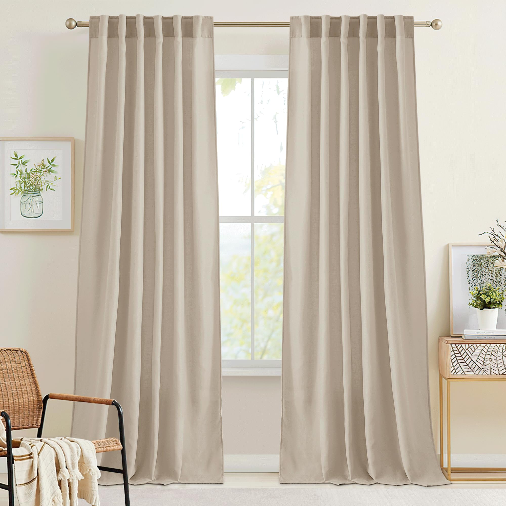 RYB HOME Farmhouse Sheer Curtains 108 inch Length, Semi Sheer Curtain & Drapes Large Window Dressing Lights & Winds Filter for Bedroom Home Office Living Room, Linen, W 70 x L 108 inch Long, 1 Pair