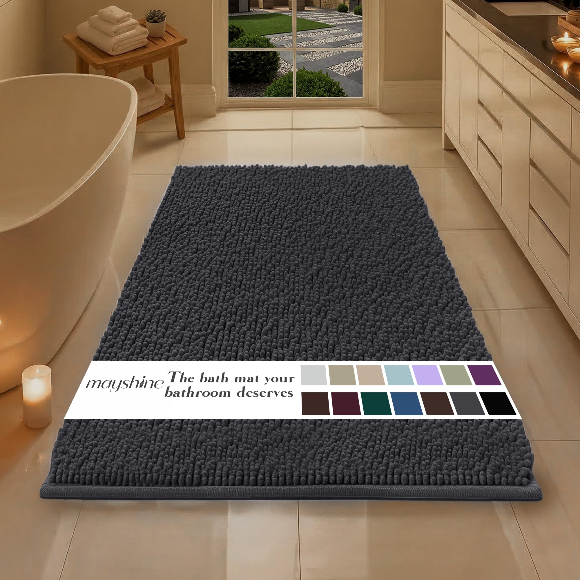 MAYSHINE Plush Shaggy Chenille Bath Mat | Extra Soft, Super Absorbent, Non-Slip Bathroom Rug | Fluffy Microfiber, Area Rug Sets for Bathroom Floor, Kitchen, Living Room | 59"x31" | Beige