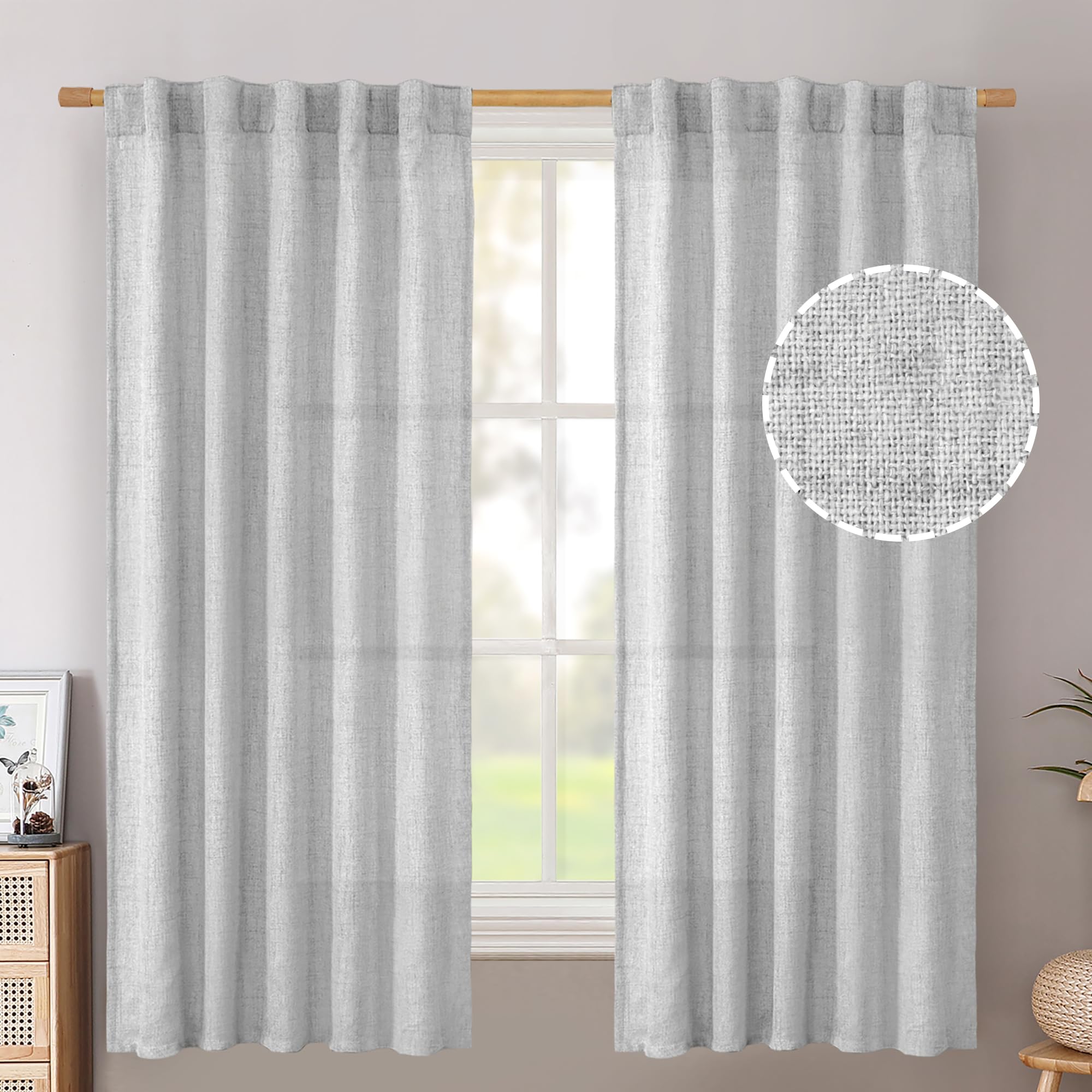 BGment Long 102 Inch Length Linen Curtains for Living Room, Natural Rod Pocket Textured Burlap Drapes Rustic Country Light Filtering for Bedroom Semi Sheer Back Tab, 2 Panel, 52 Inch Wide Each Panel