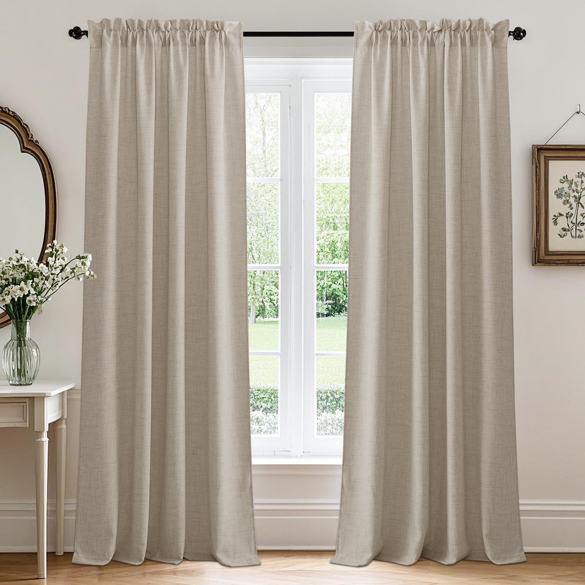 RYB HOME Farmhouse Sheer Curtains 108 inch Length, Semi Sheer Curtain & Drapes Large Window Dressing Lights & Winds Filter for Bedroom Home Office Living Room, Linen, W 70 x L 108 inch Long, 1 Pair