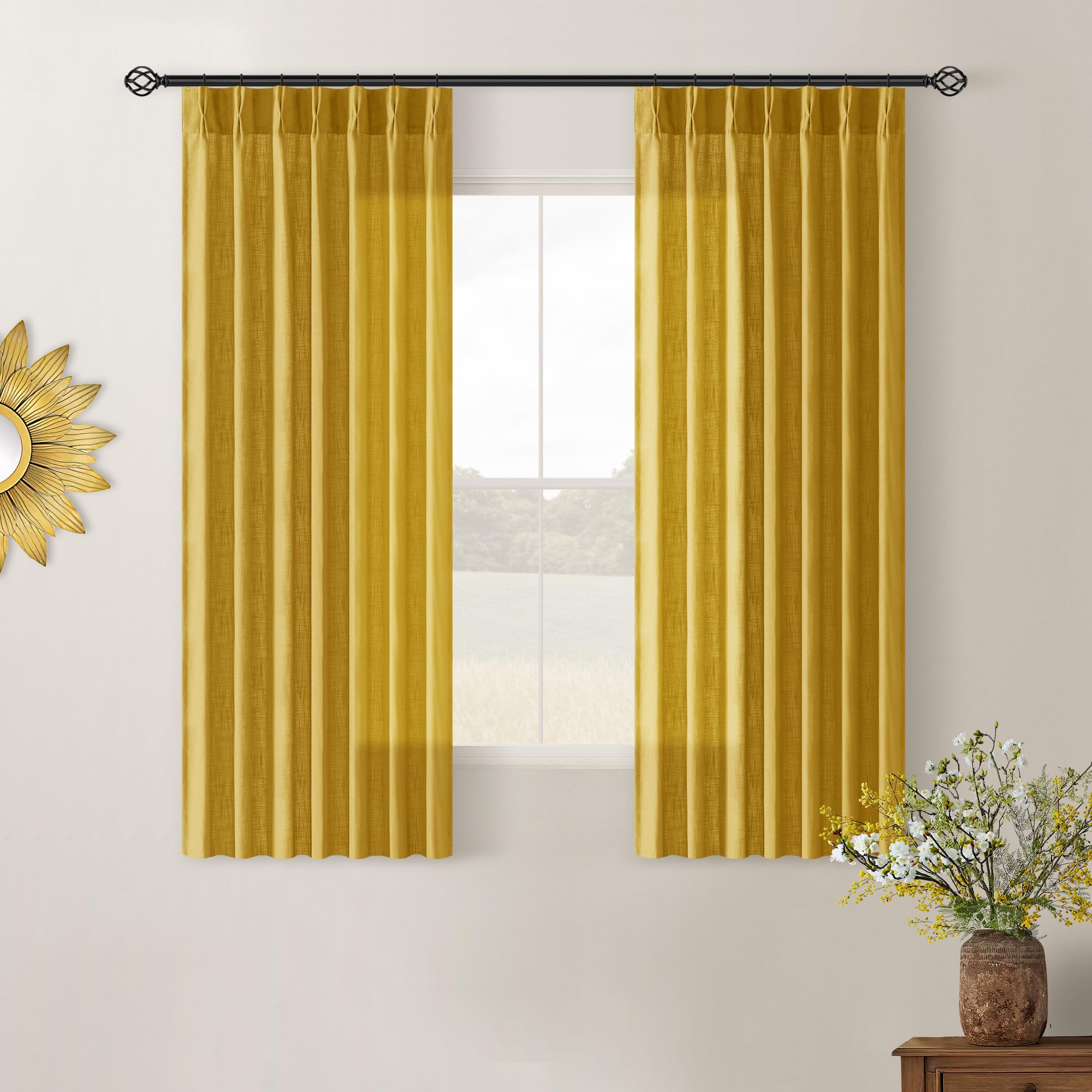 90 Inch Pinch Pleated Linen Curtains 2 Panel Set for Living Room Cream Natural Thick Linen Textured Drapes 90 Inches Long Pinch Pleat Drapes Birch Ivory Semi Sheer Curtain for Dining Bedroom Office
