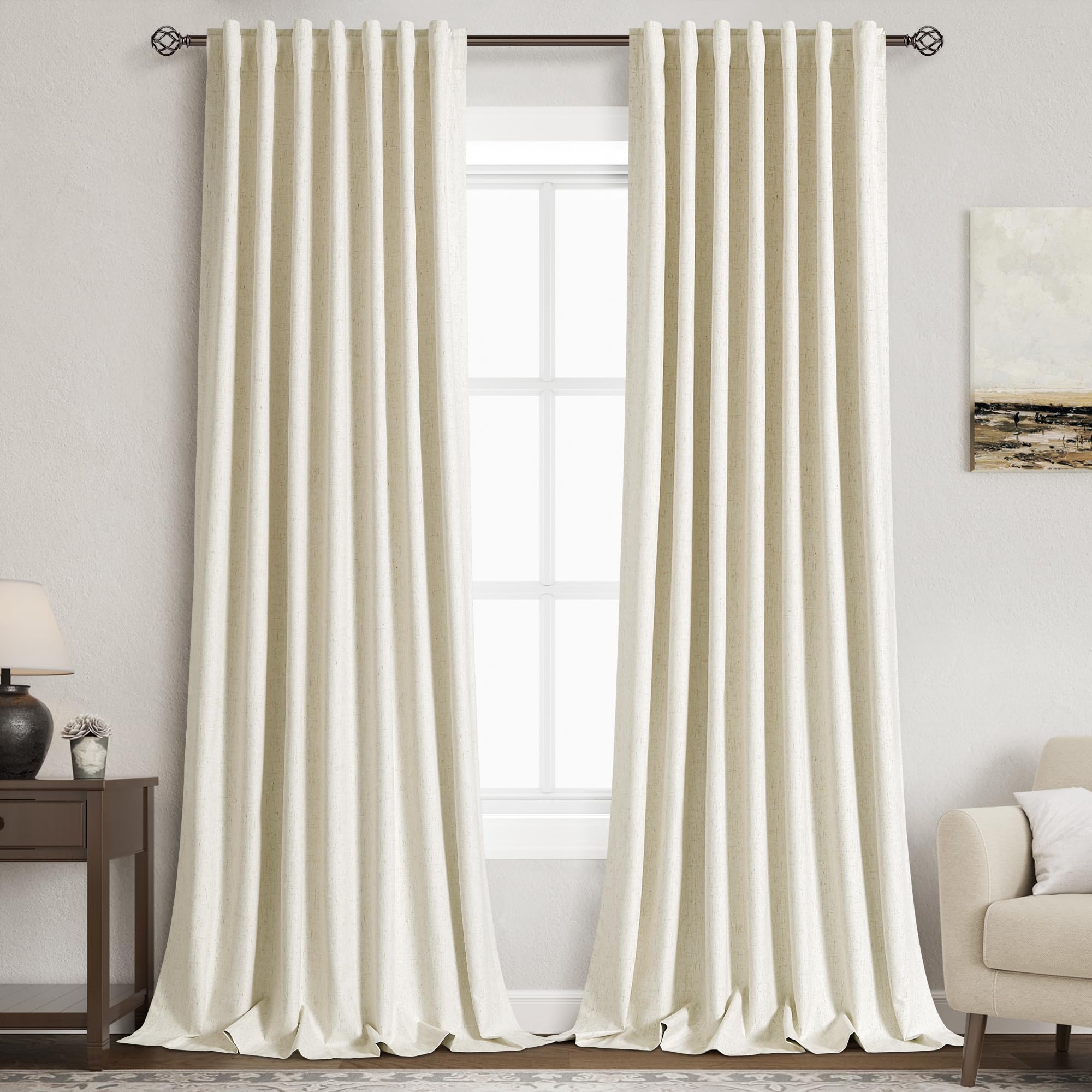 Nanspring Light Grey 100% Blackout Linen Curtains for Bedroom 90 Inches Long Back Tab Thermal Insulated Modern Luxury Simple Black Out Curtain for Living Room Dining Room Drapes 52x90, 2 Panels