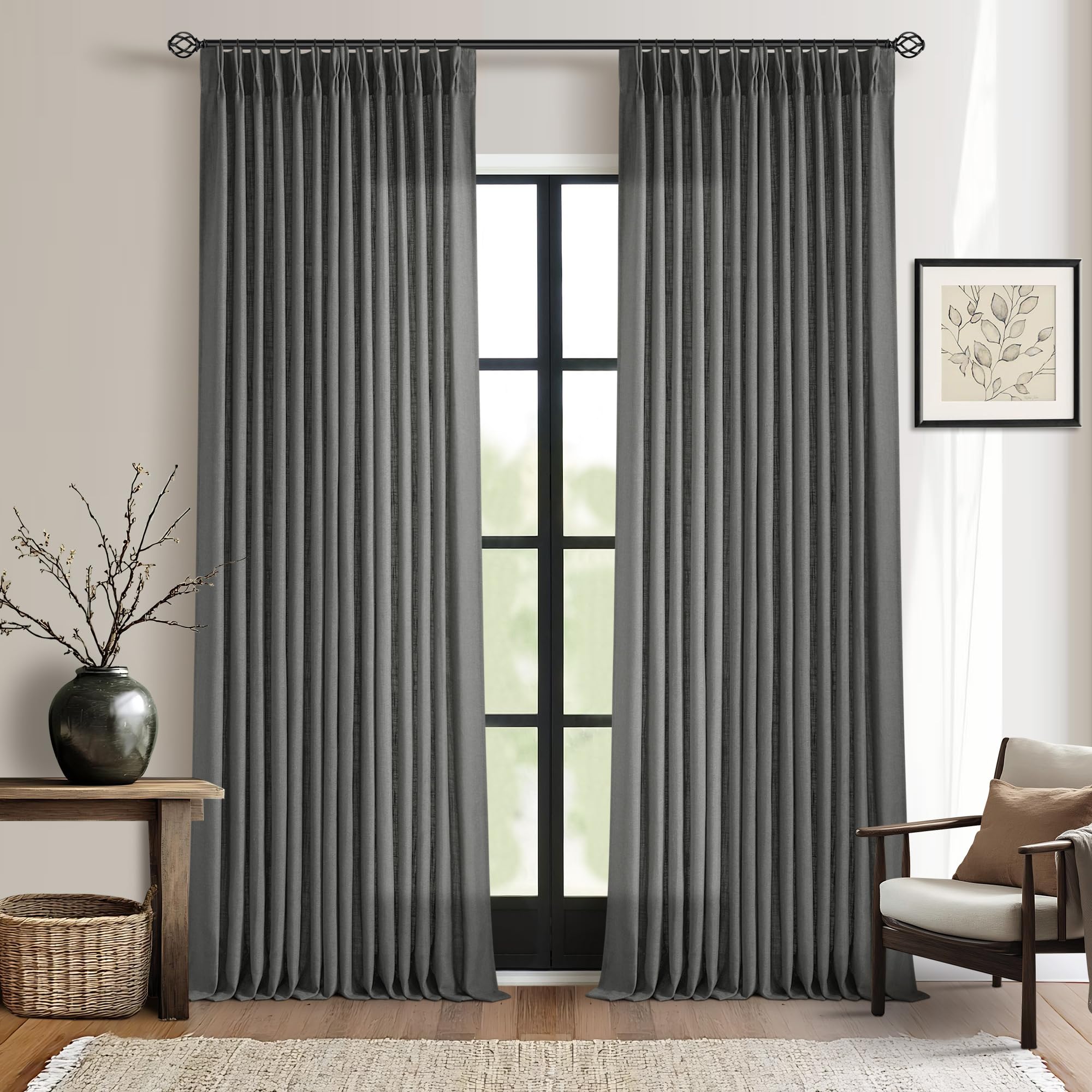 90 Inch Pinch Pleated Linen Curtains 2 Panel Set for Living Room Cream Natural Thick Linen Textured Drapes 90 Inches Long Pinch Pleat Drapes Birch Ivory Semi Sheer Curtain for Dining Bedroom Office