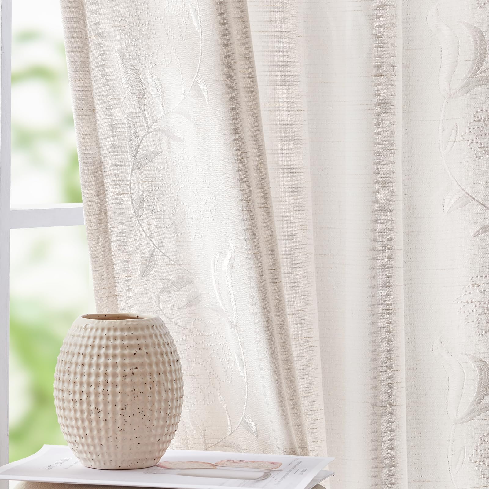 jinchan Winslow Linen Curtains for Bedroom 84 Inches Length Embroidered Bordered Floral Curtains for Living Room Farmhouse Decor Light Filtering Window Treatments Sage on Beige Drapes 2 Panels